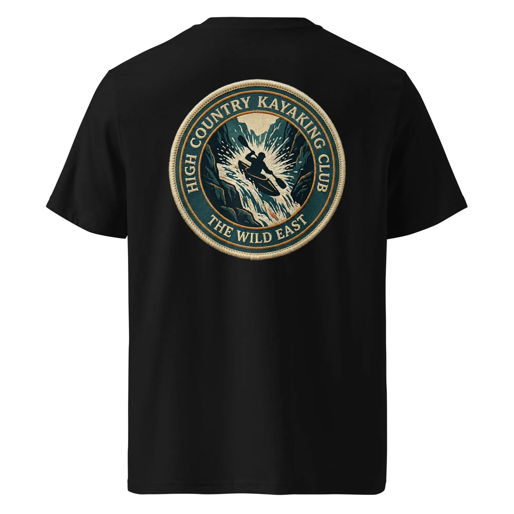 Organic Tee—kayaking club logo on black crew neck T-shirt, back view