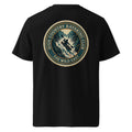 Organic Tee—kayaking club logo on black crew neck T-shirt, back view