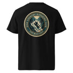Organic Tee—kayaking club logo on black crew neck T-shirt, back view