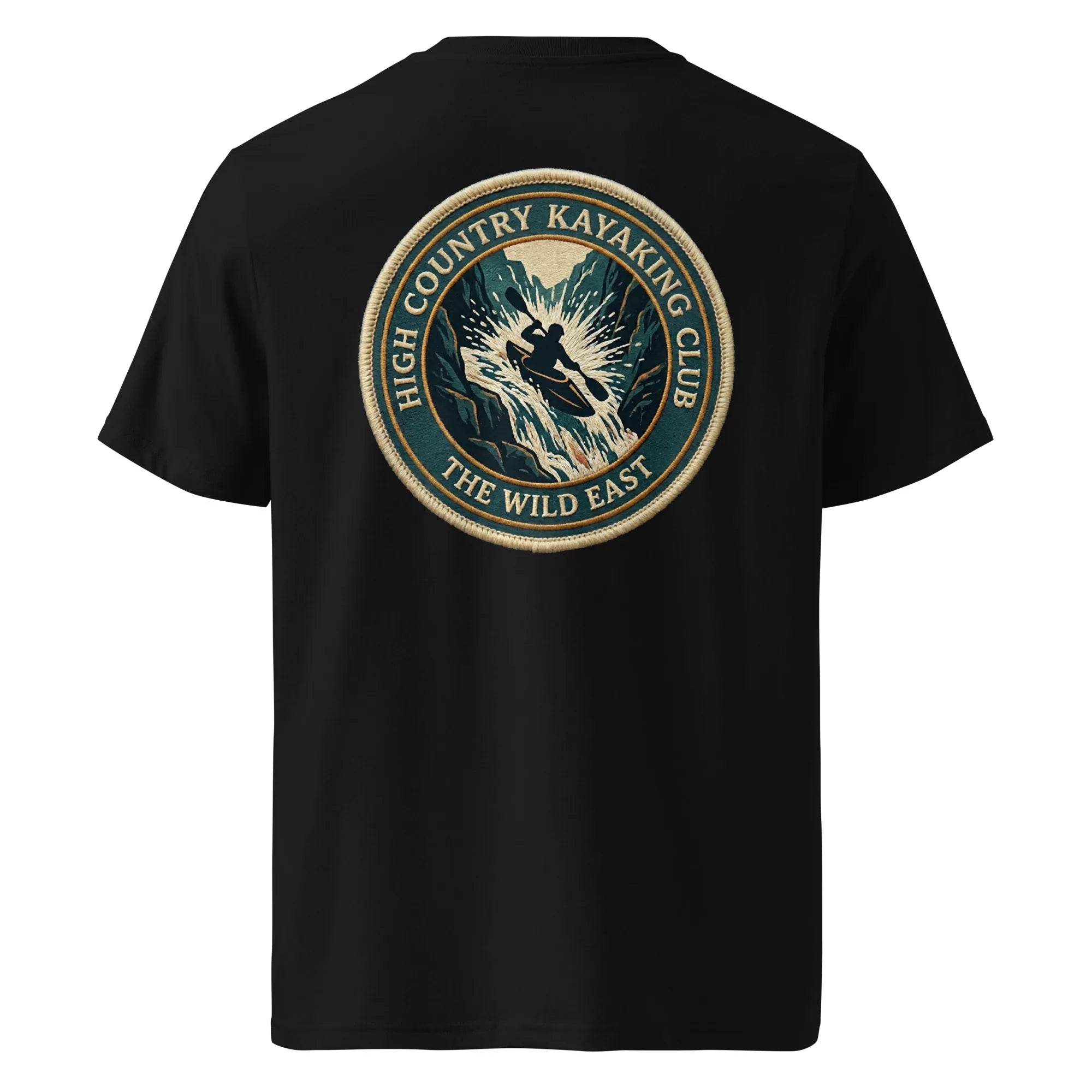 Organic Tee—kayaking club logo on black crew neck T-shirt, back view