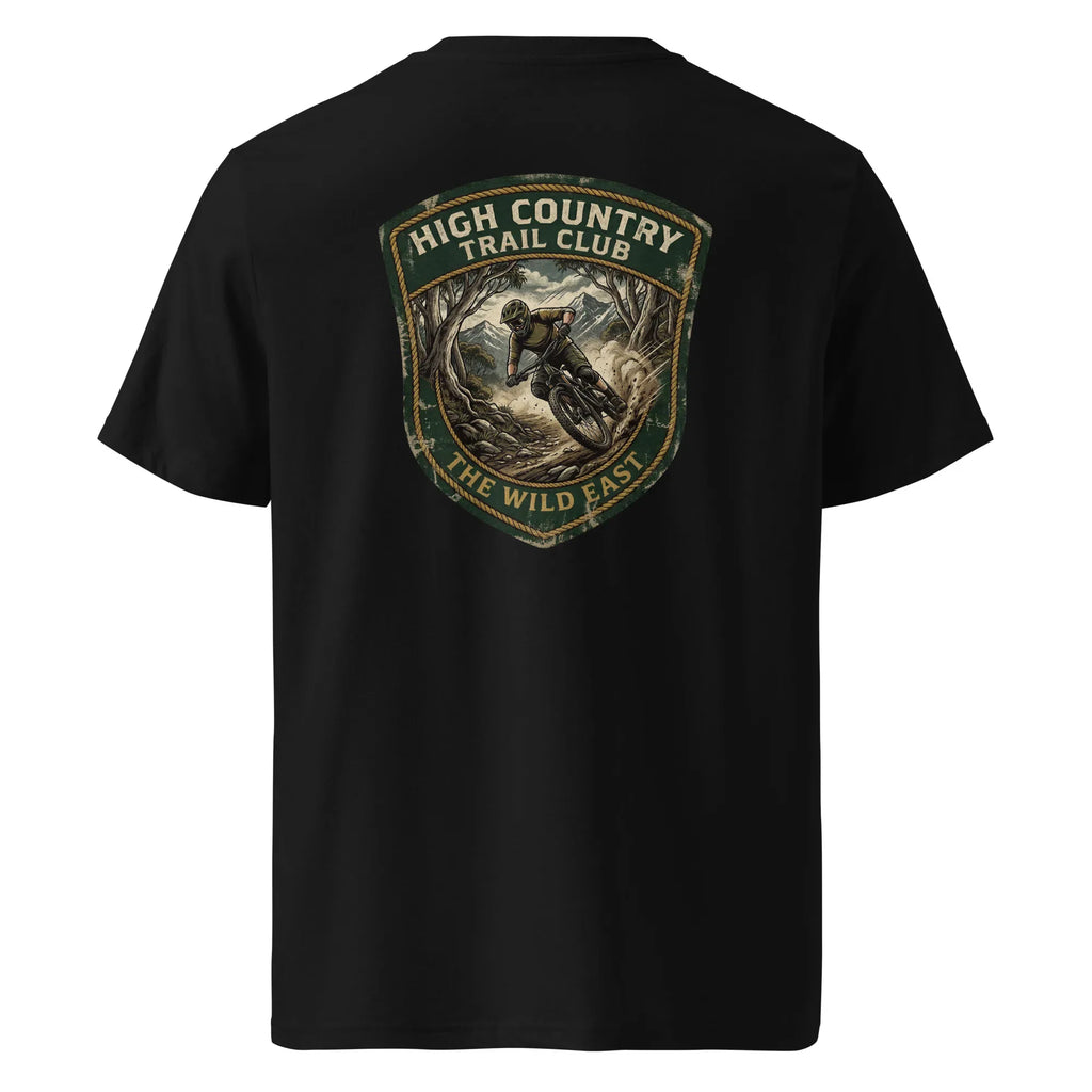 Black organic tee with High Country Trail Club back emblem graphic