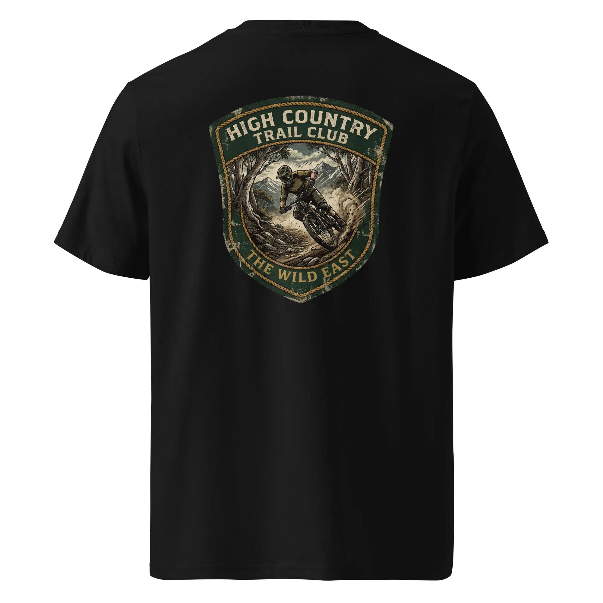 Black organic tee with High Country Trail Club back emblem graphic