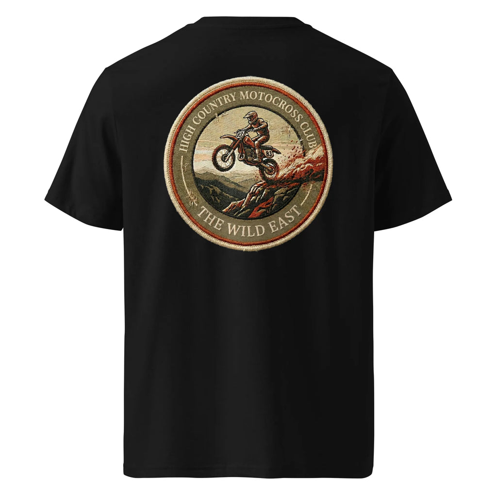 HC Motocross Club Unisex T-Shirt schwarz mit rundem Rückenlogo und Motorradgrafik