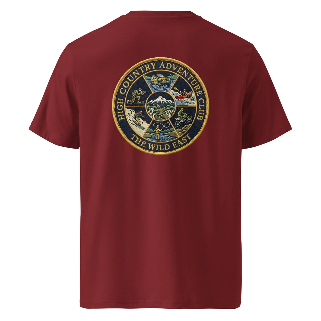 Organic Adventure Club T-shirt, burgundy back view with circular crest print