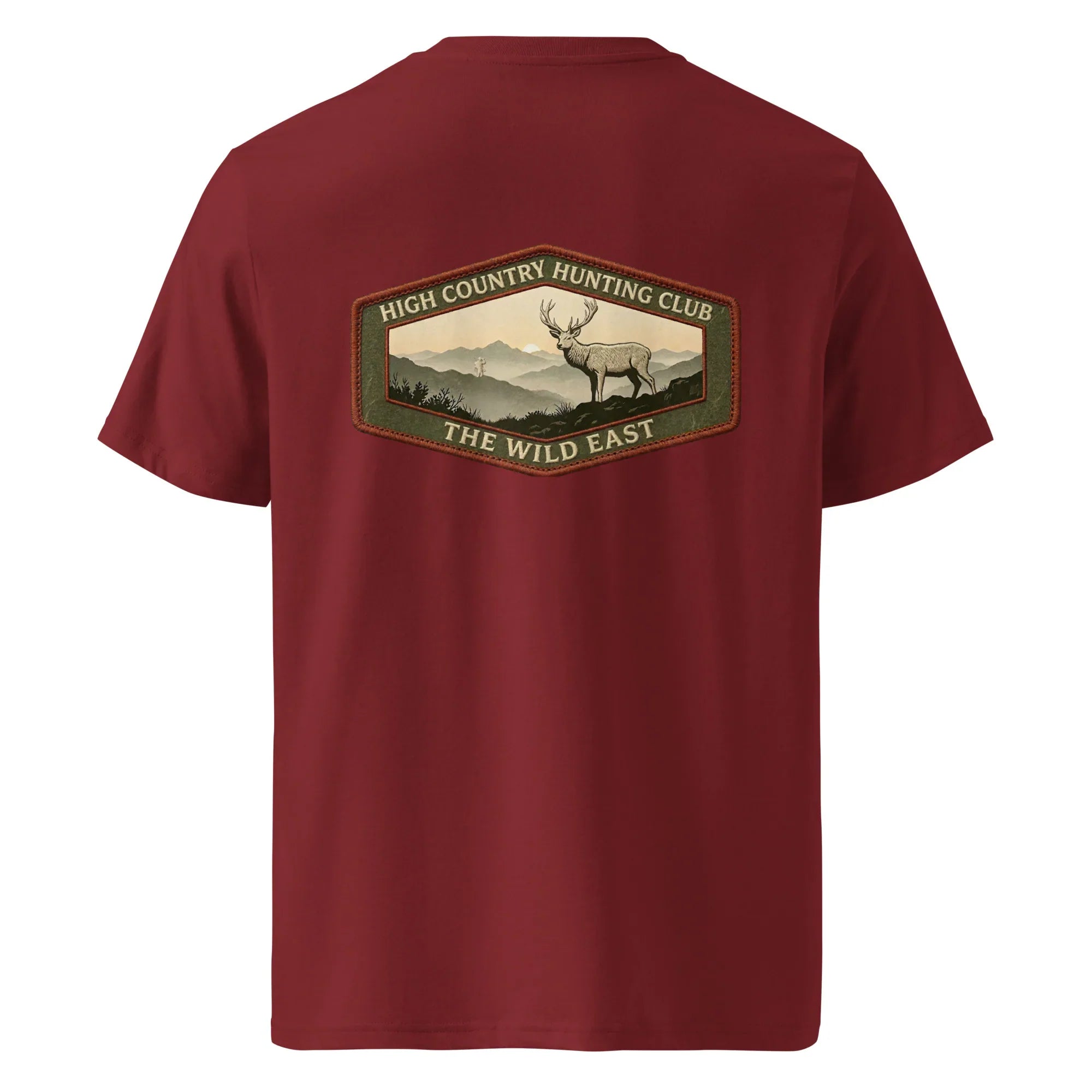 Organic Tee in burgundy with back hunting club graphic and deer illustration