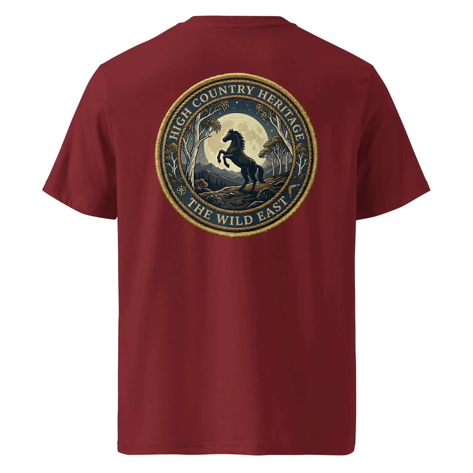 Organic Tee Heritage in burgundy, back view with circular horse emblem graphic.