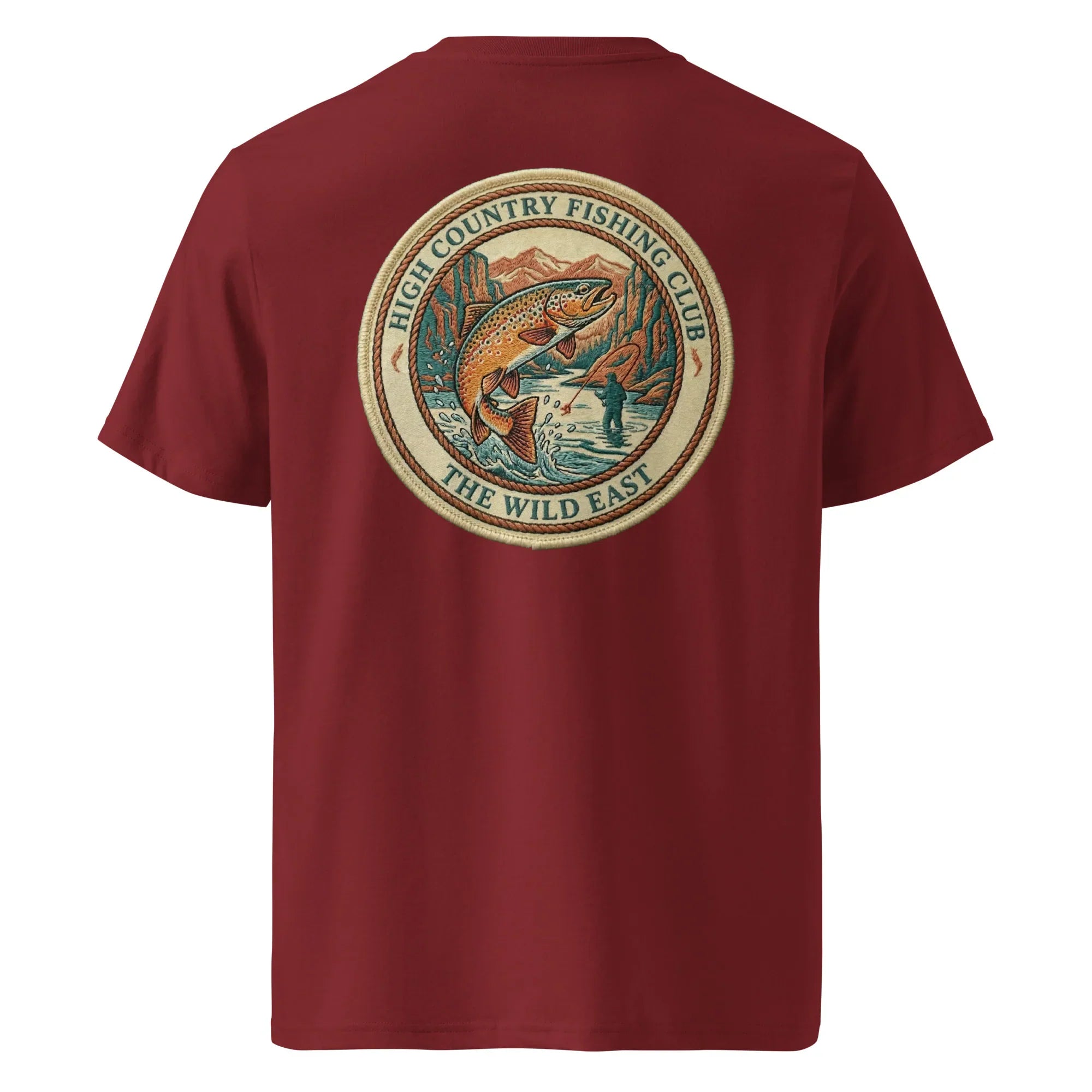 Organic Tee in Burgundy mit rundem Fishing-Club-Logo auf der Rückseite