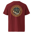 Organic Tee - 4WD Club, burgundy T-shirt with back circular 4WD club logo