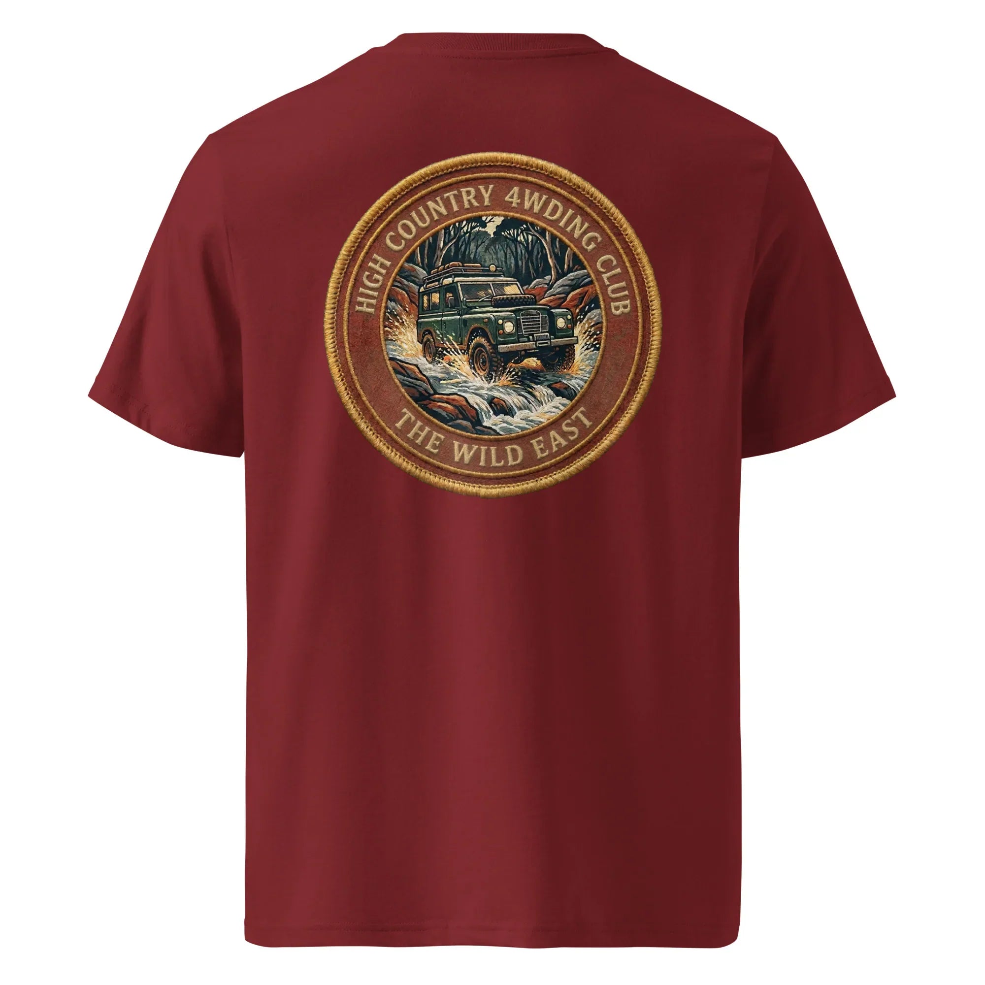 Organic Tee - 4WD Club, burgundy T-shirt with back circular 4WD club logo