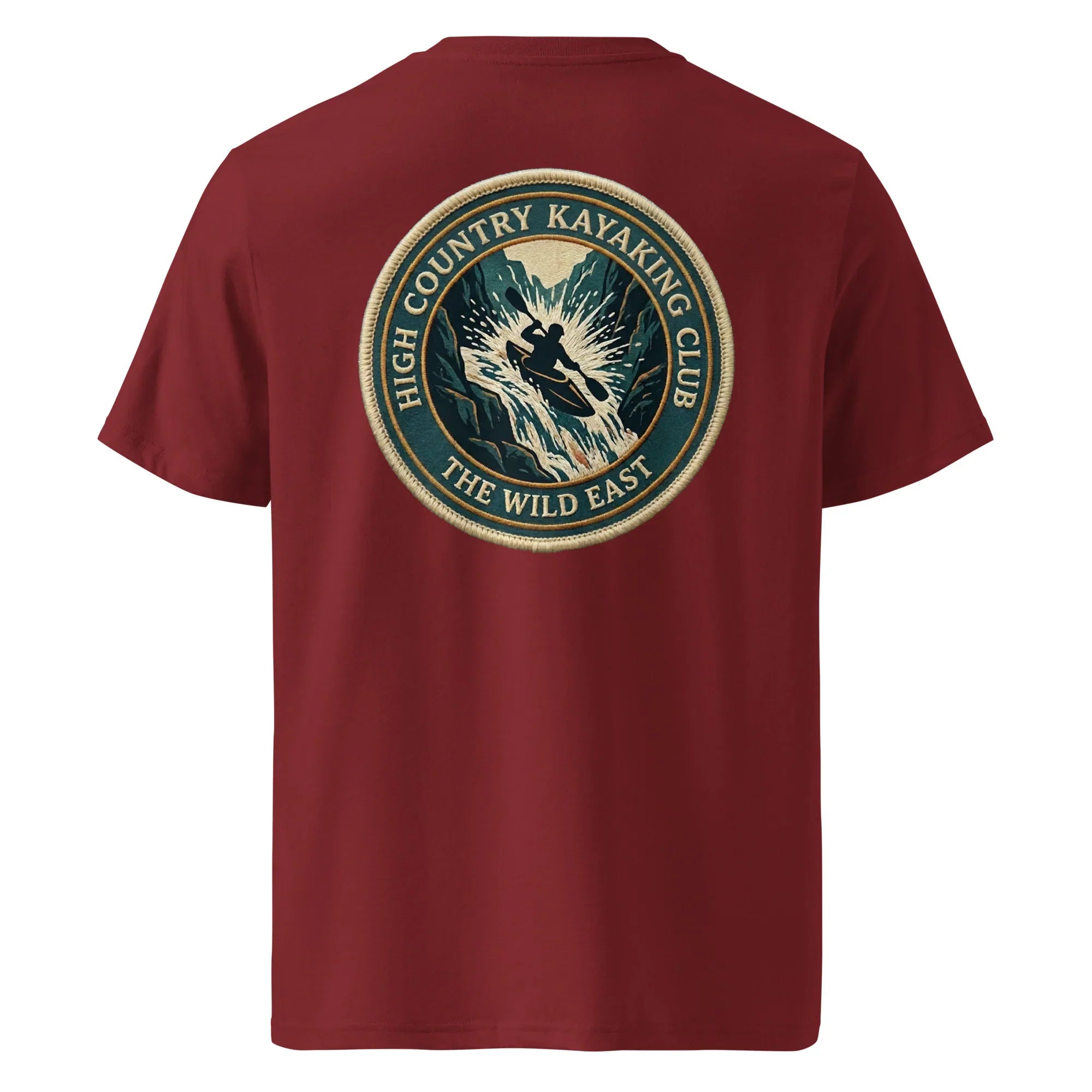 Organic Tee—kayaking club logo on burgundy crew neck T-shirt, back view