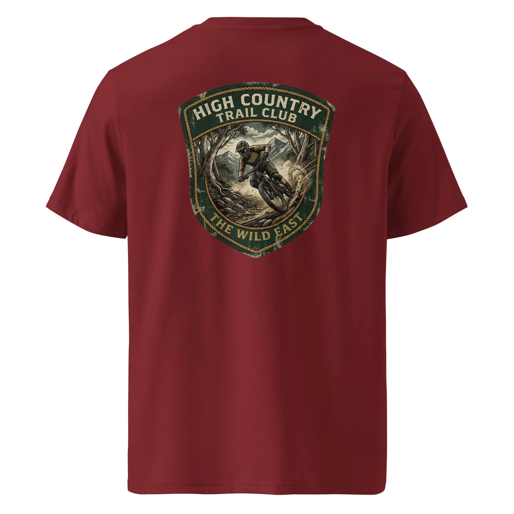Organic tee with High Country Trail Club back graphic, burgundy red