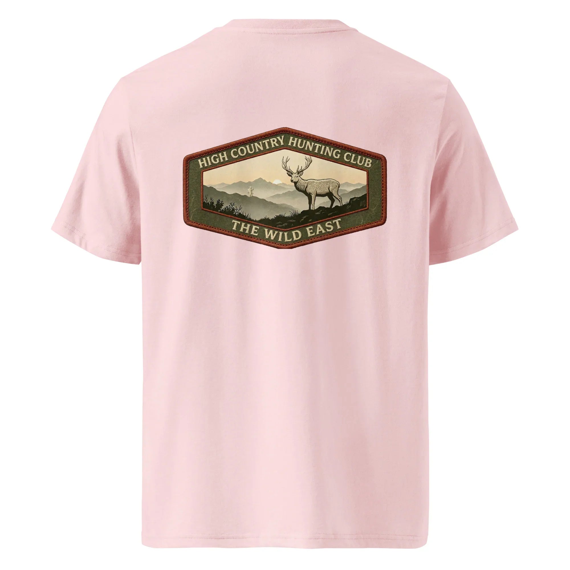 Organic tee in hellrosa with deer hunting club logo graphic on back