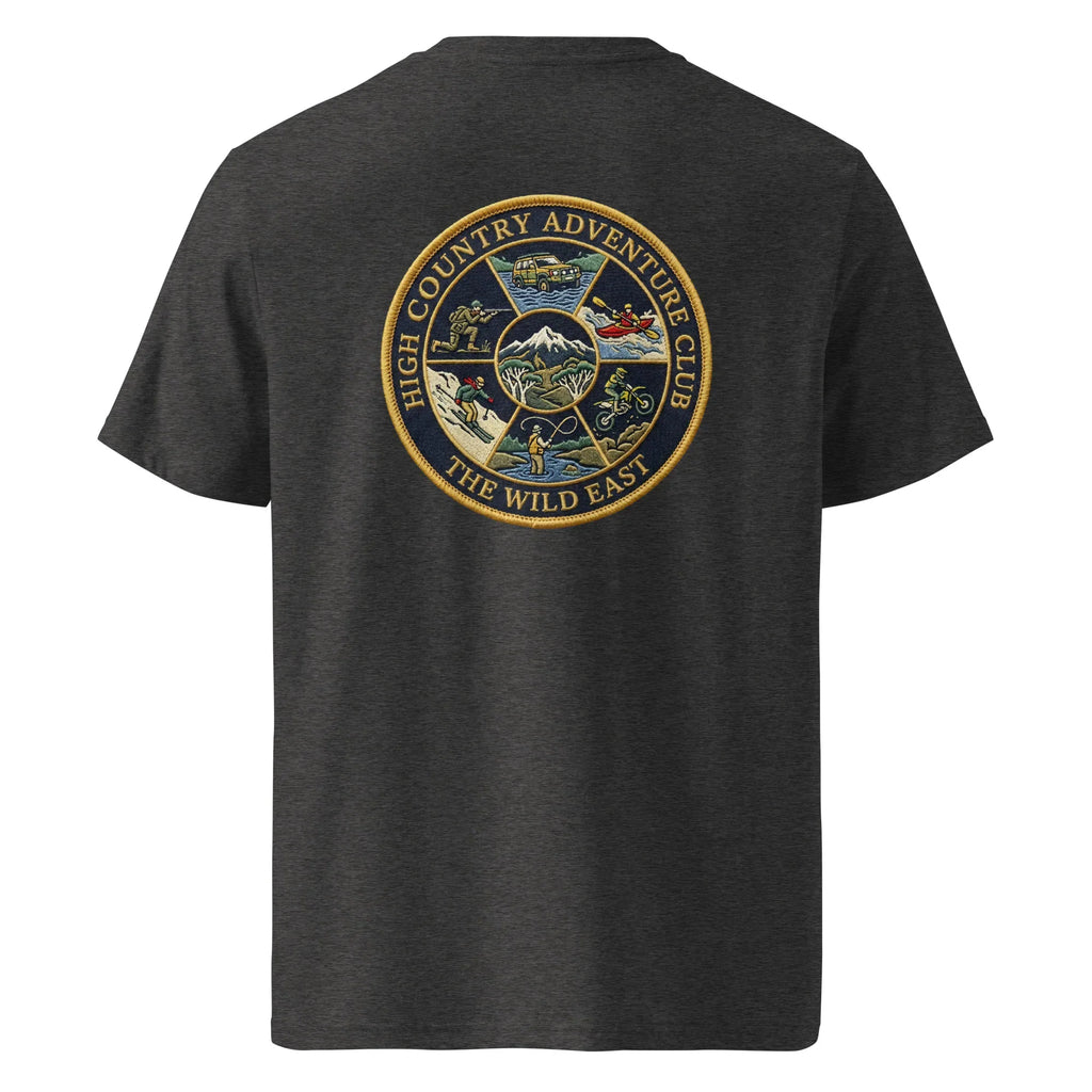 Organic Adventure Club T-shirt, dark heather grey back view with circular crest print