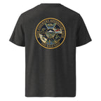 Organic Adventure Club T-shirt, dark heather grey back view with circular crest print