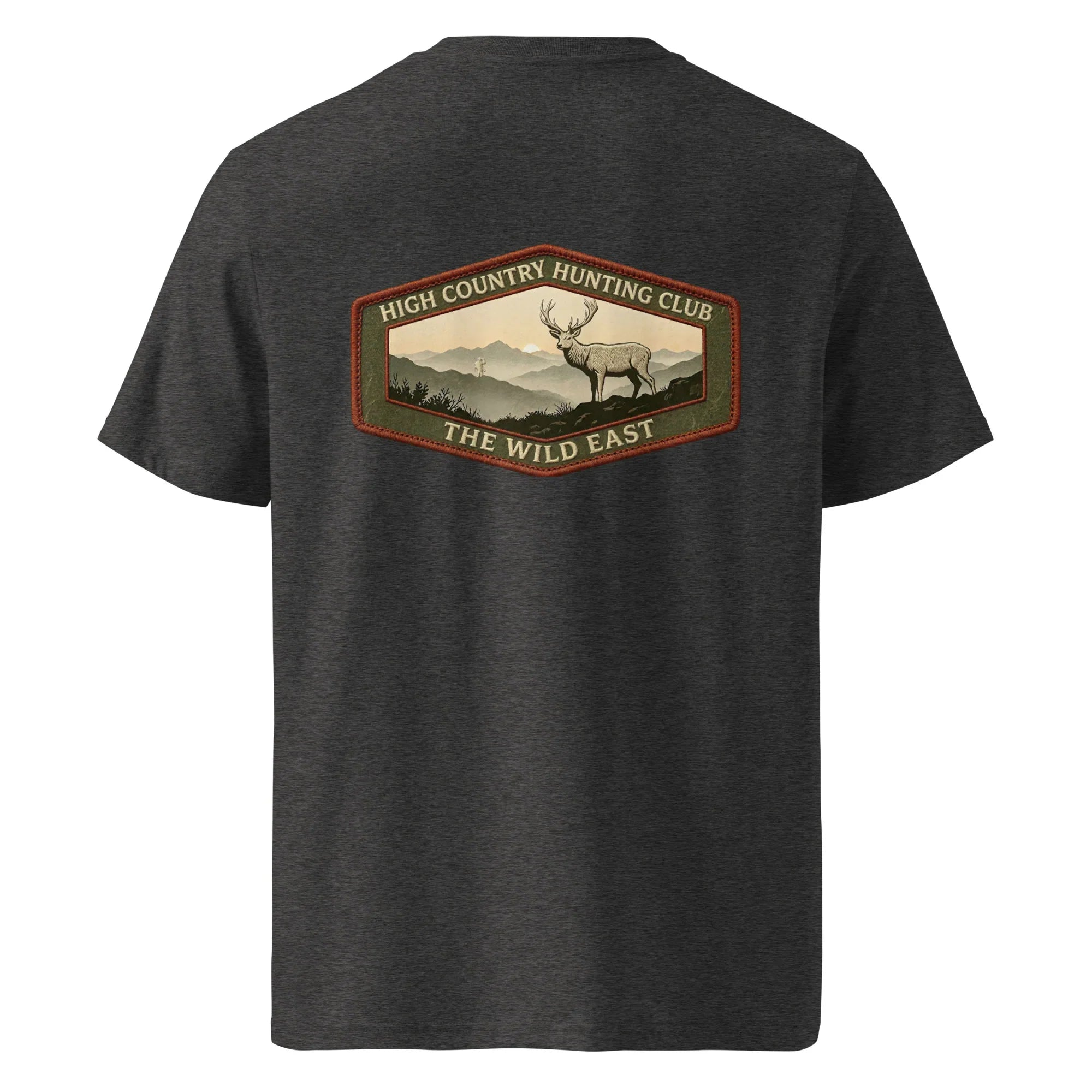 Organic Tee in dark heather grey with back hunting club graphic and deer illustration