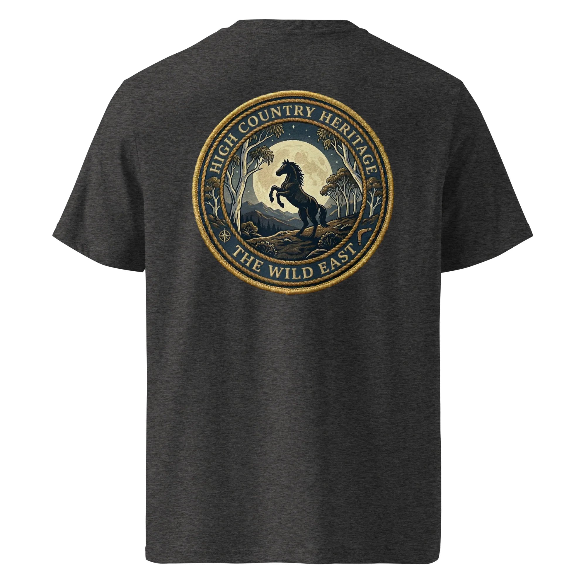 Organic Tee Heritage in dark heather grey, back graphic logo with horse in circle.