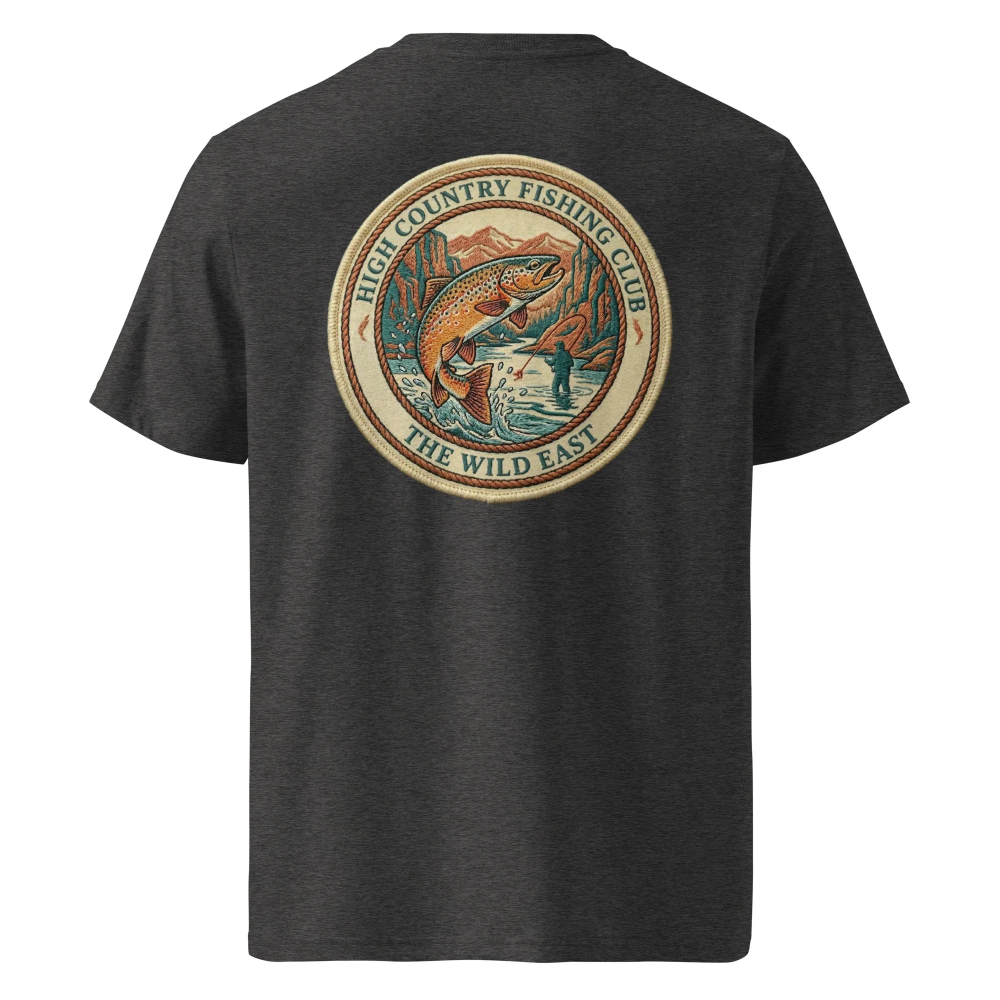 Organic Tee in Dark Heather Grey mit rundem Fishing-Club-Logo auf der Rückseite