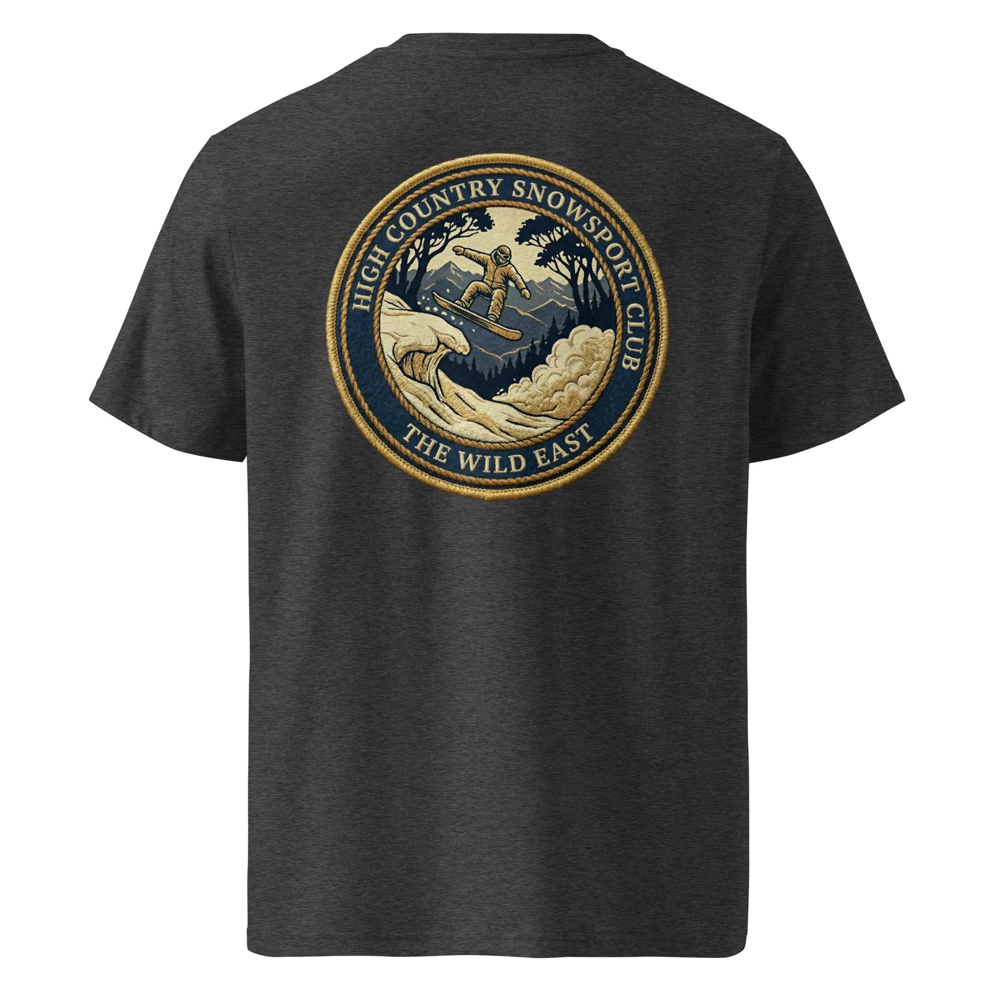 Dark heather grey organic tee, back view with large skier badge graphic