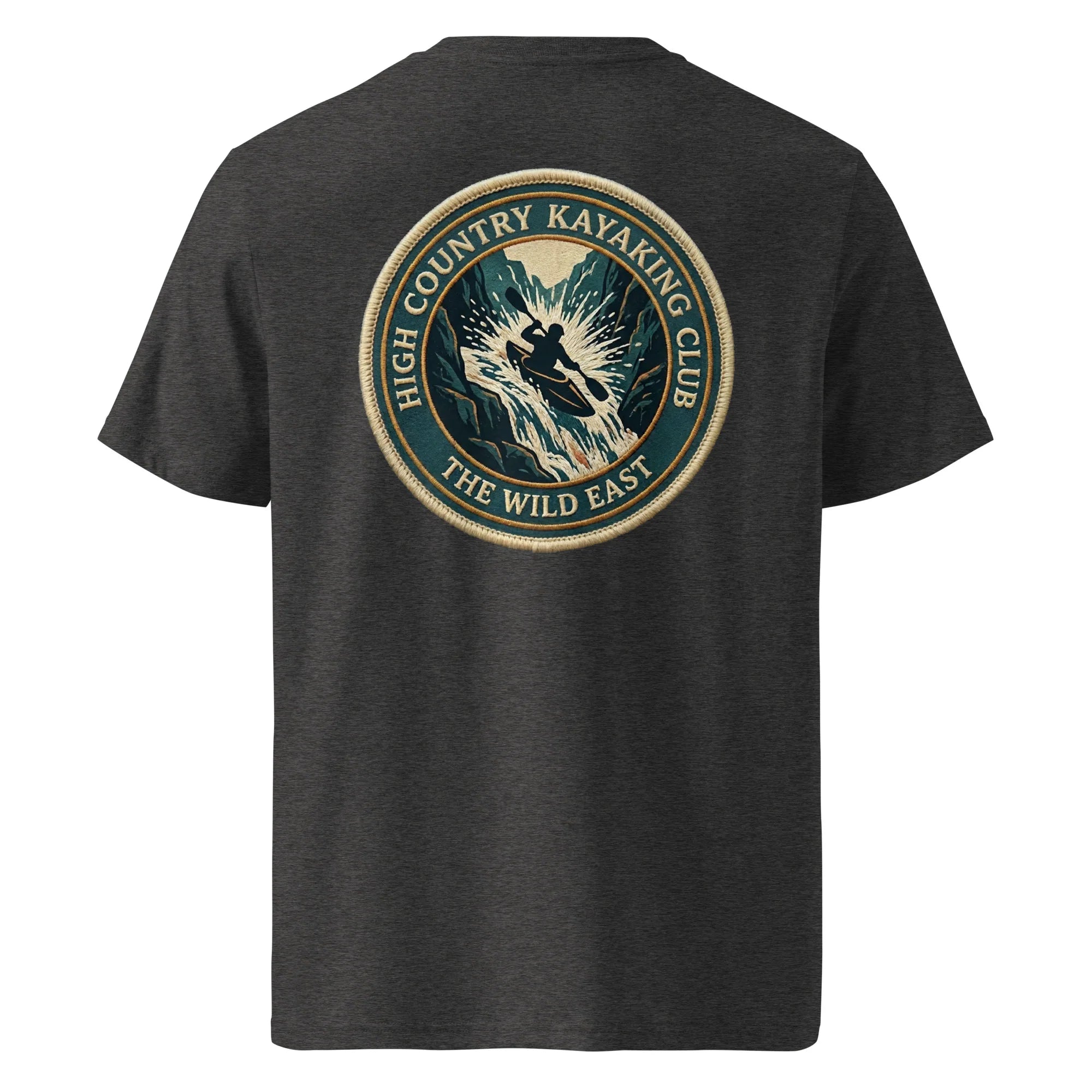 Organic Tee—kayaking club logo on dark heather gray crew neck T-shirt, back view