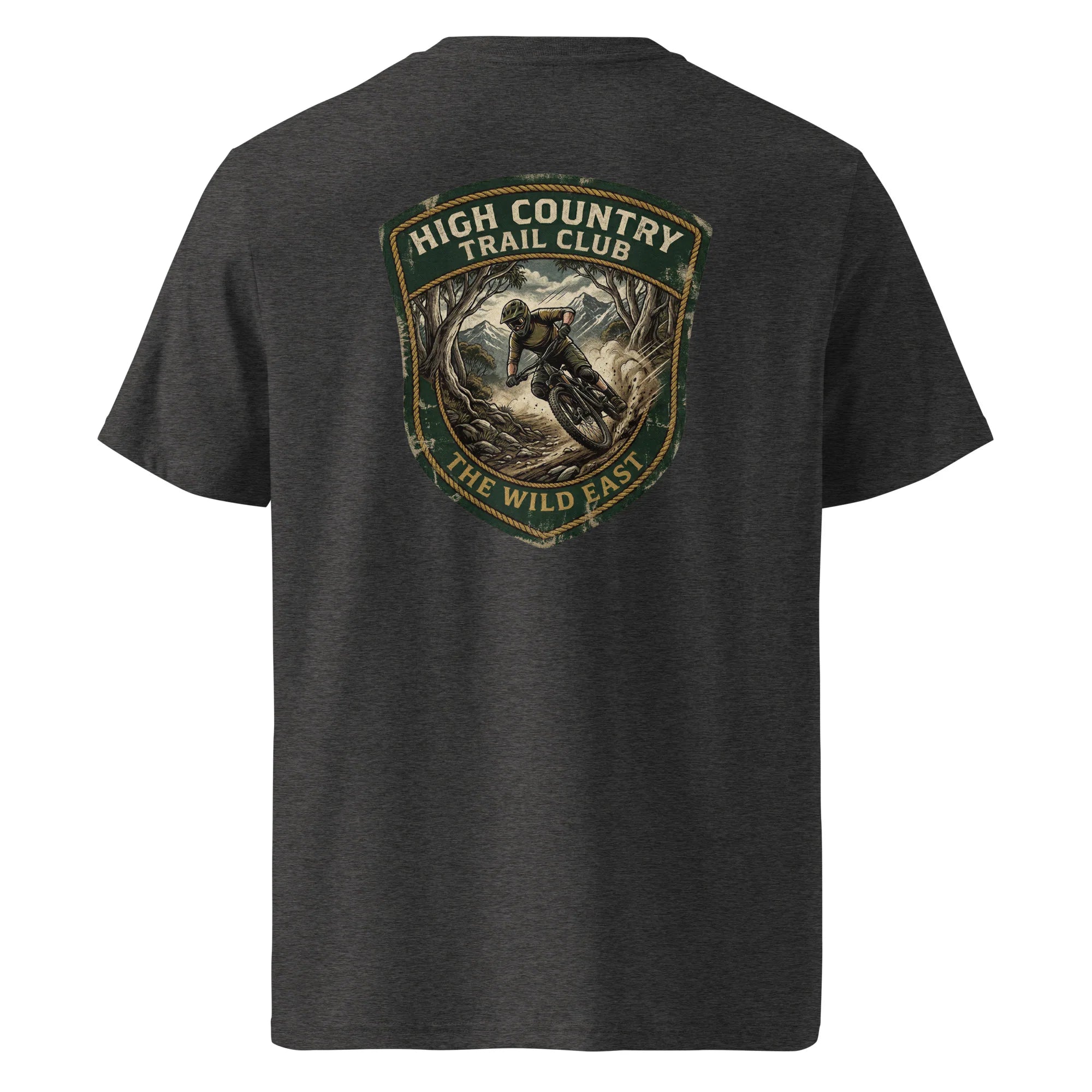 Organic tee with High Country Trail Club back graphic, dark heather gray