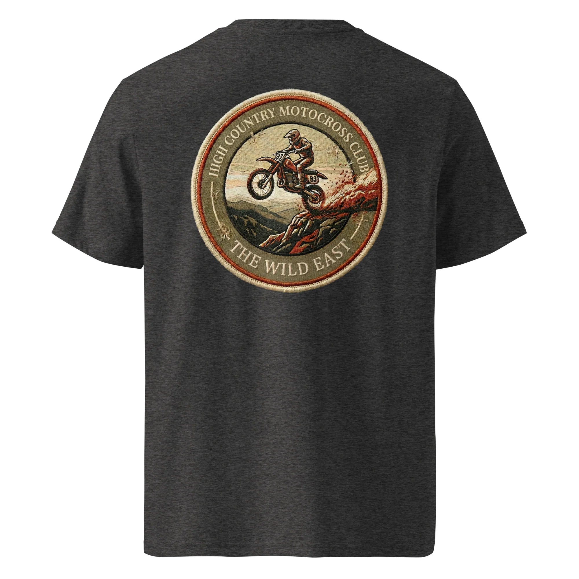 HC Motocross Club Unisex T-Shirt dunkelgrau mit rundem Rückenlogo und Motorradgrafik