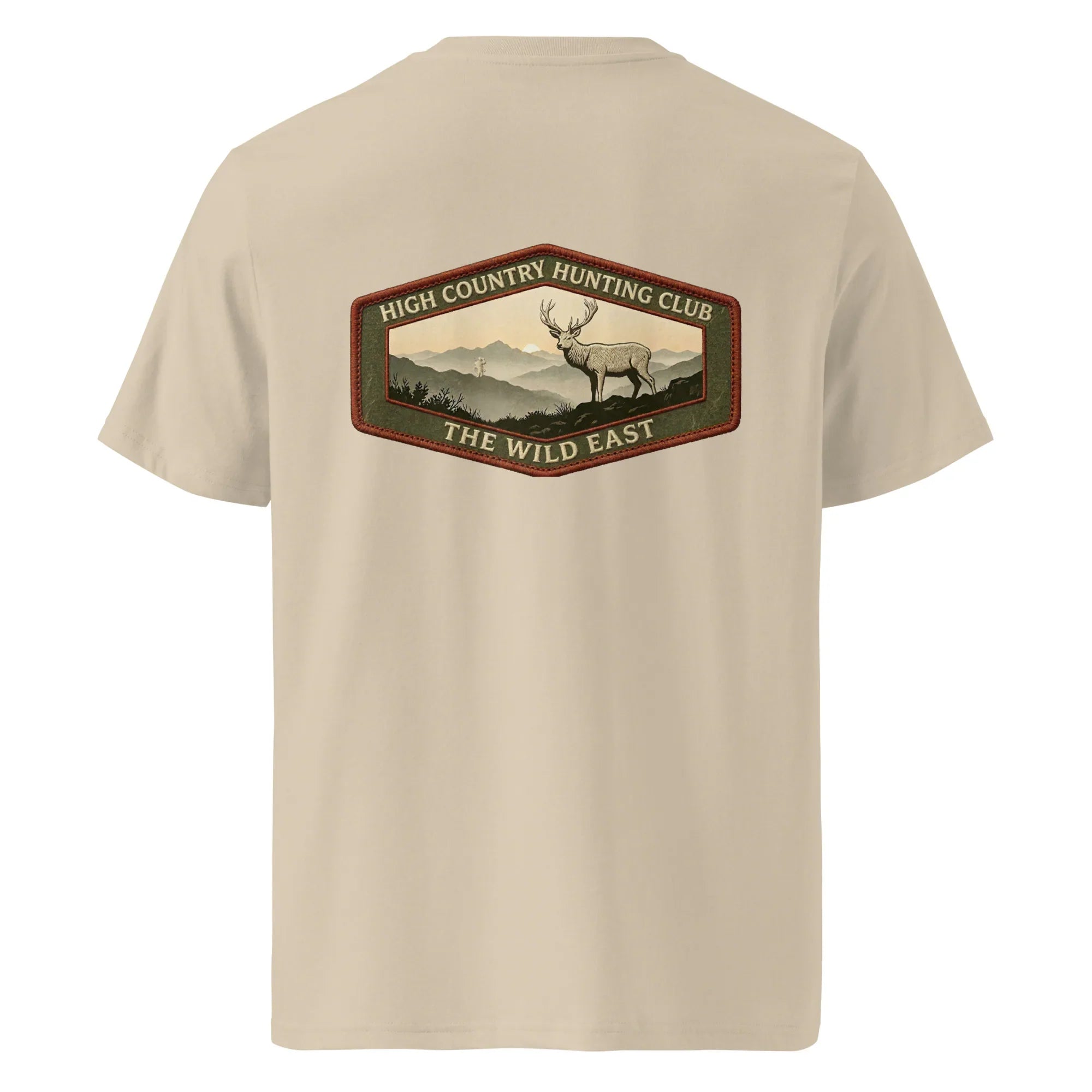Organic Tee in desert dust beige with back hunting club graphic and deer illustration