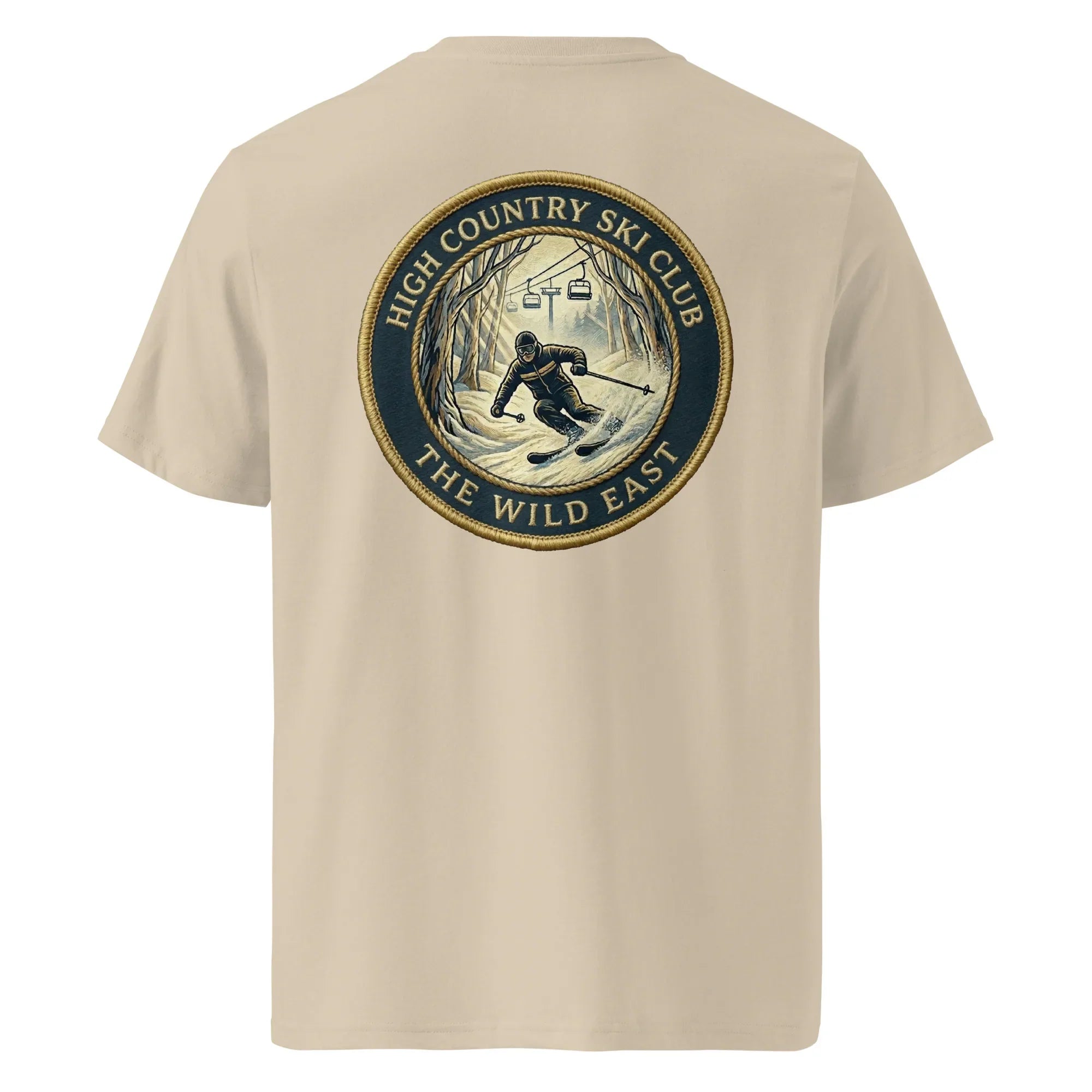 Beige organic T-shirt with High Country Ski Club round back graphic