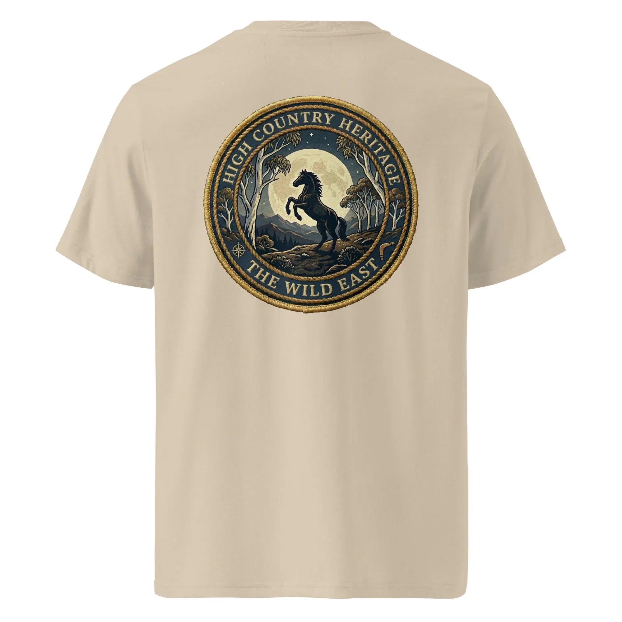 Organic tee, khaki back print with horse heritage logo, crew neck short sleeves