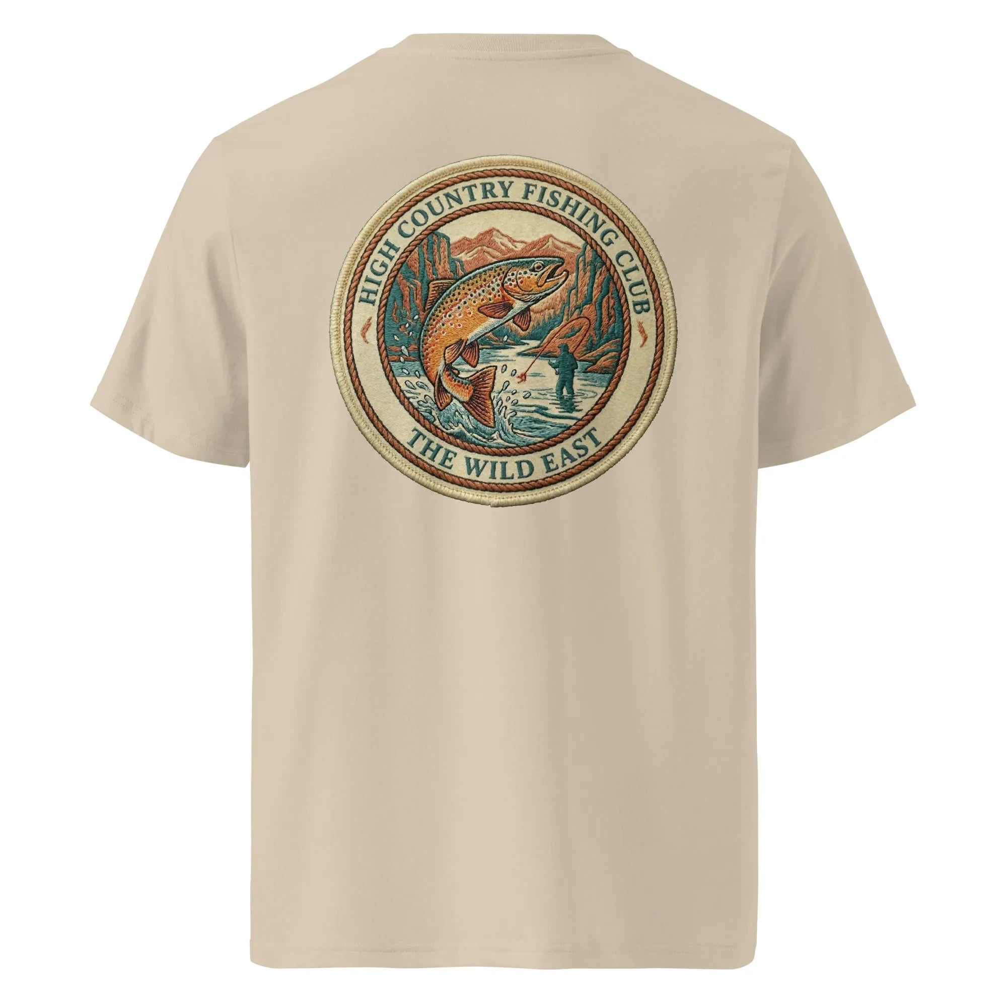 Organic Tee in Desert Dust with back circular fishing club logo and fish