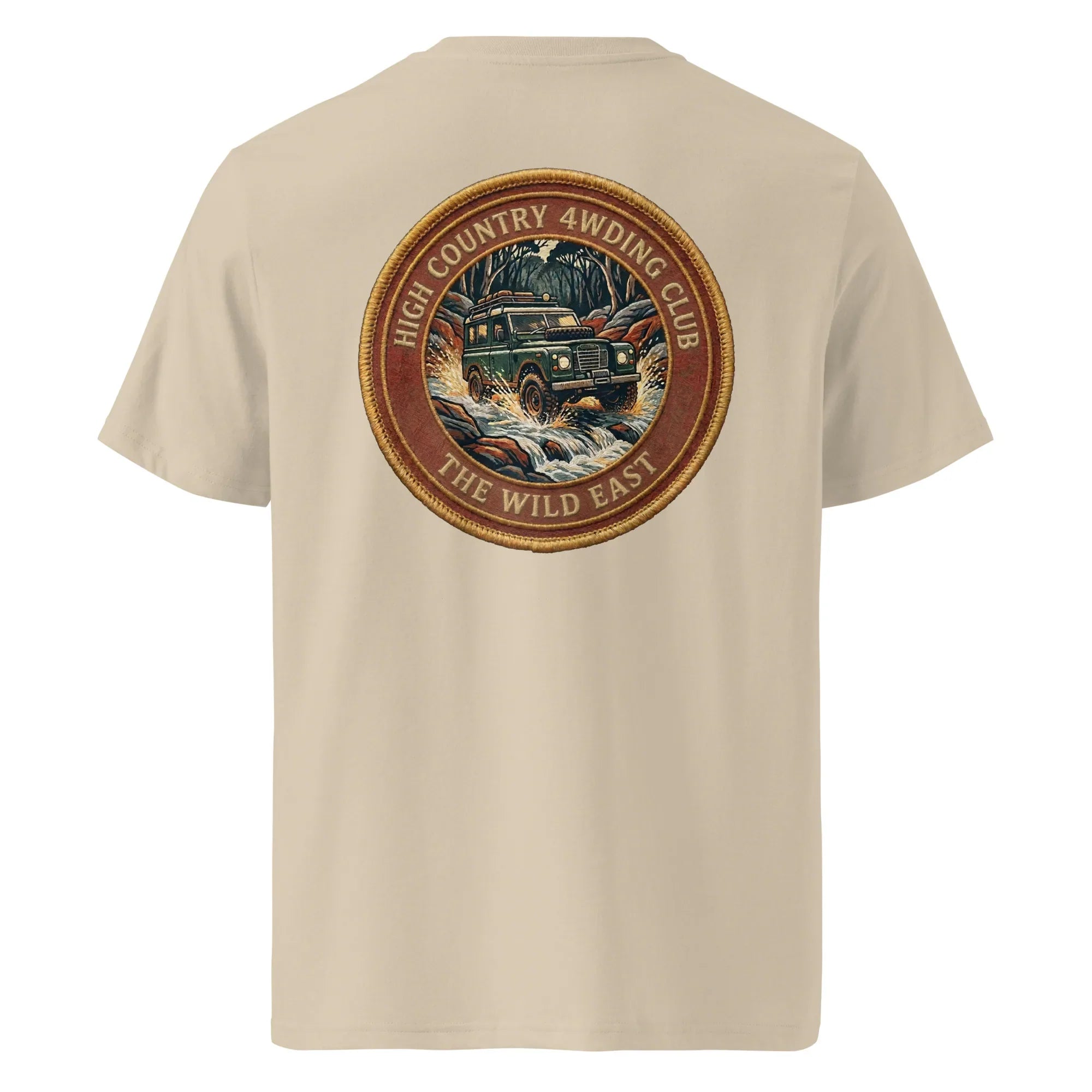 Organic Tee - 4WD Club, beige T-shirt with back circular 4WD club logo