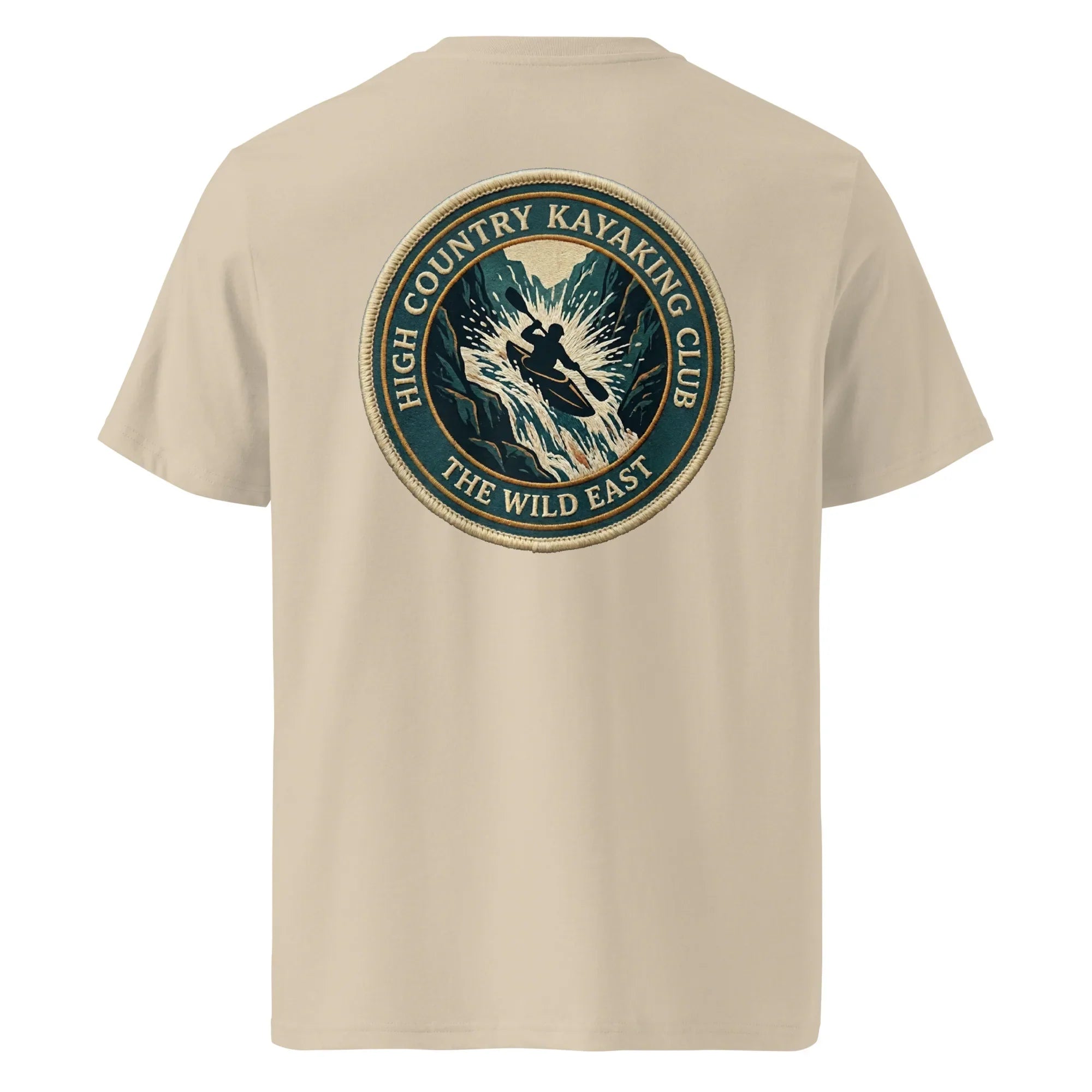 Khaki organic tee, back print logo patch for Kayaking Club