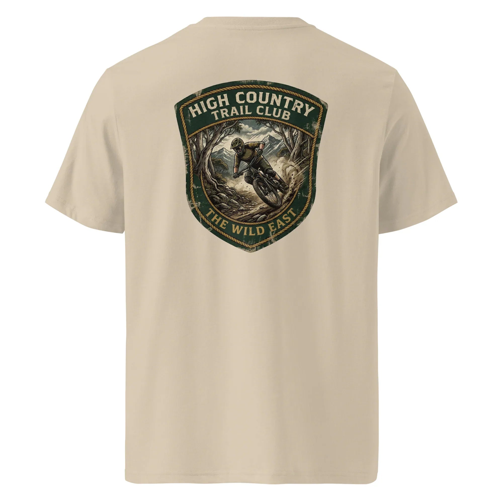 Trail Club Organic Tee, beiges T-Shirt mit Rückenpatch „High Country Trail Club“
