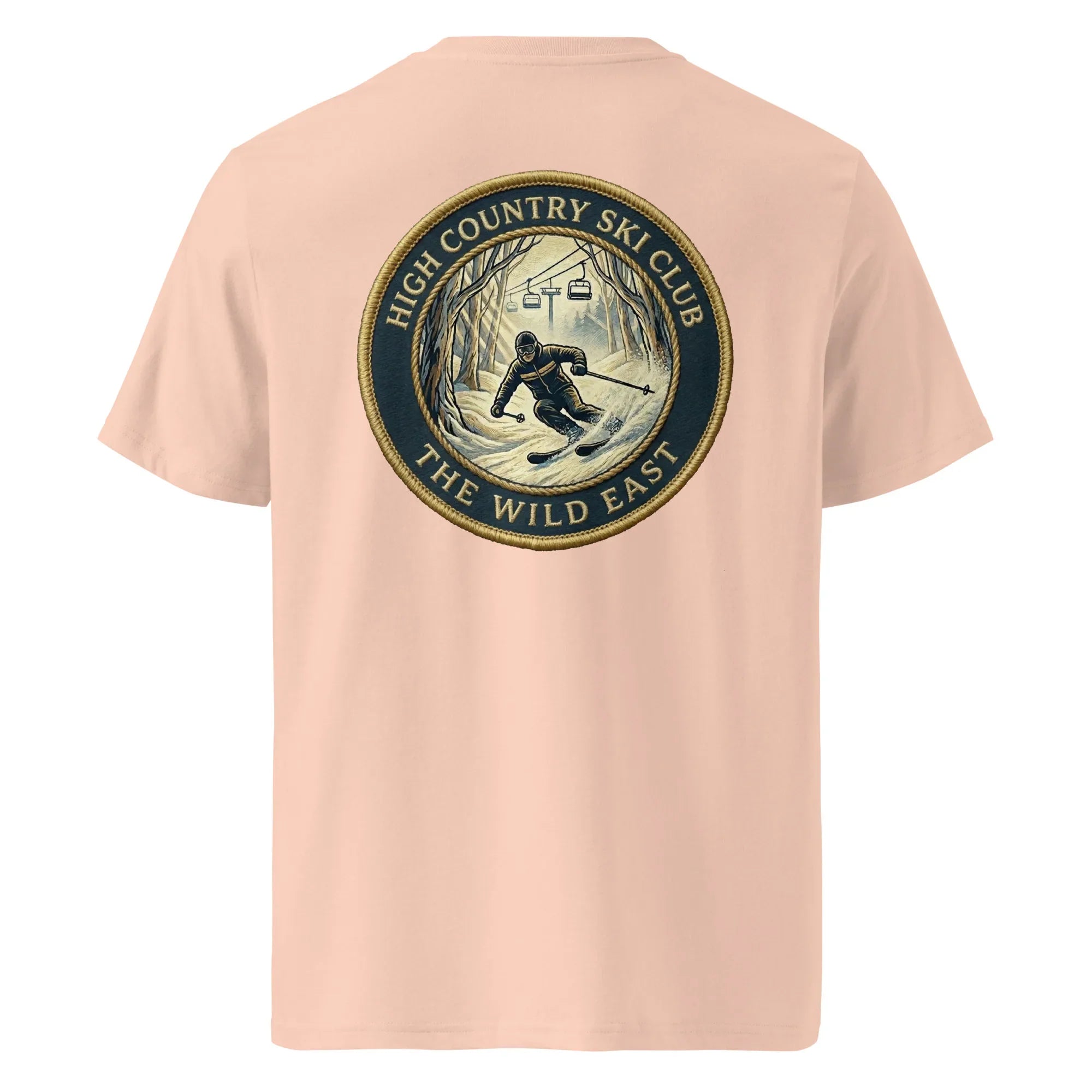 Light peach organic T-shirt with High Country Ski Club round back graphic