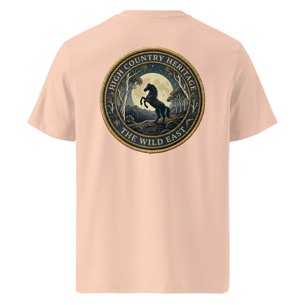 Organic tee, light peach back print with horse heritage logo, crew neck short sleeves