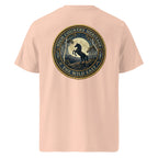 Organic tee, light peach back print with horse heritage logo, crew neck short sleeves