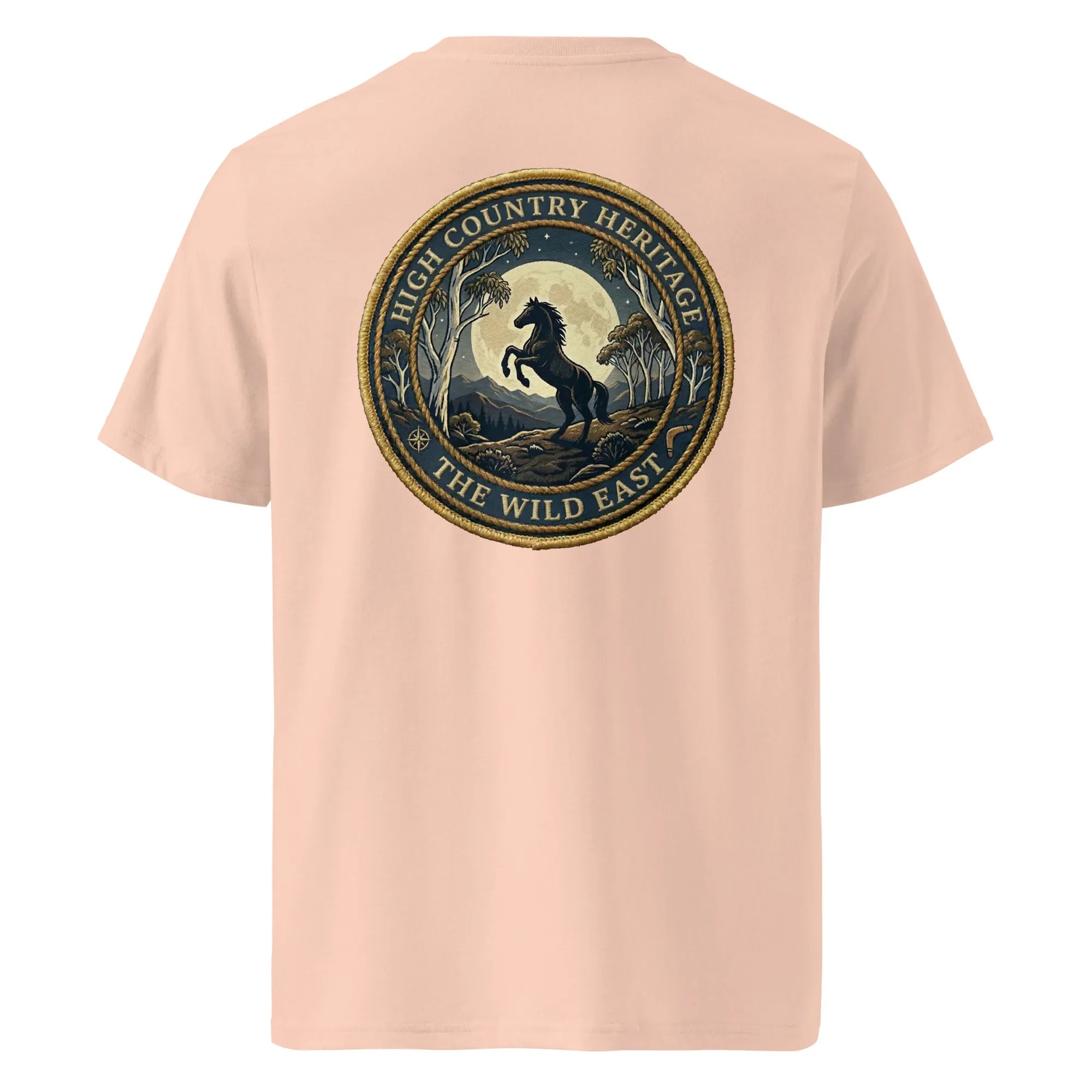 Organic tee, light peach back print with horse heritage logo, crew neck short sleeves