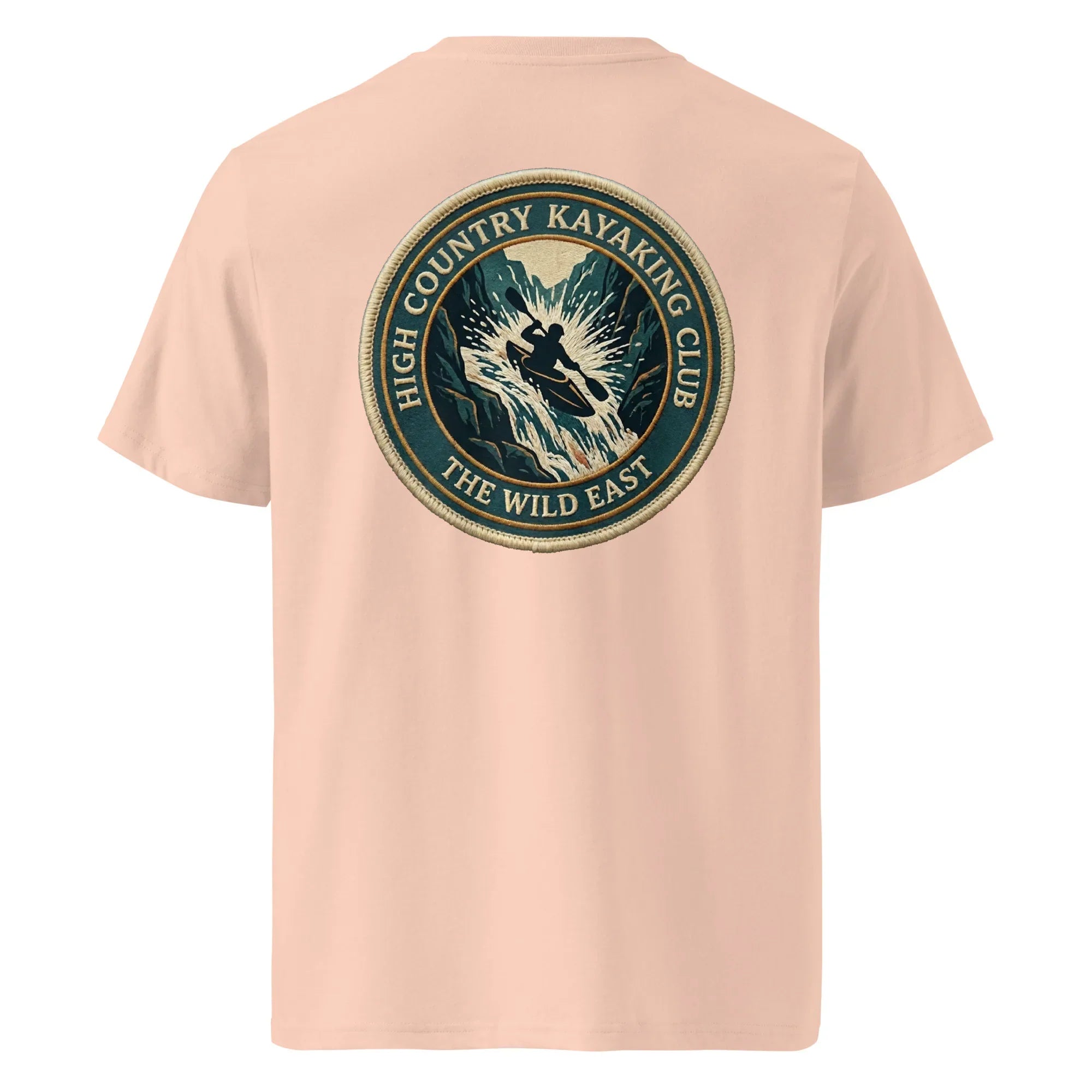 Fraiche Peche organic tee, back print logo patch for Kayaking Club
