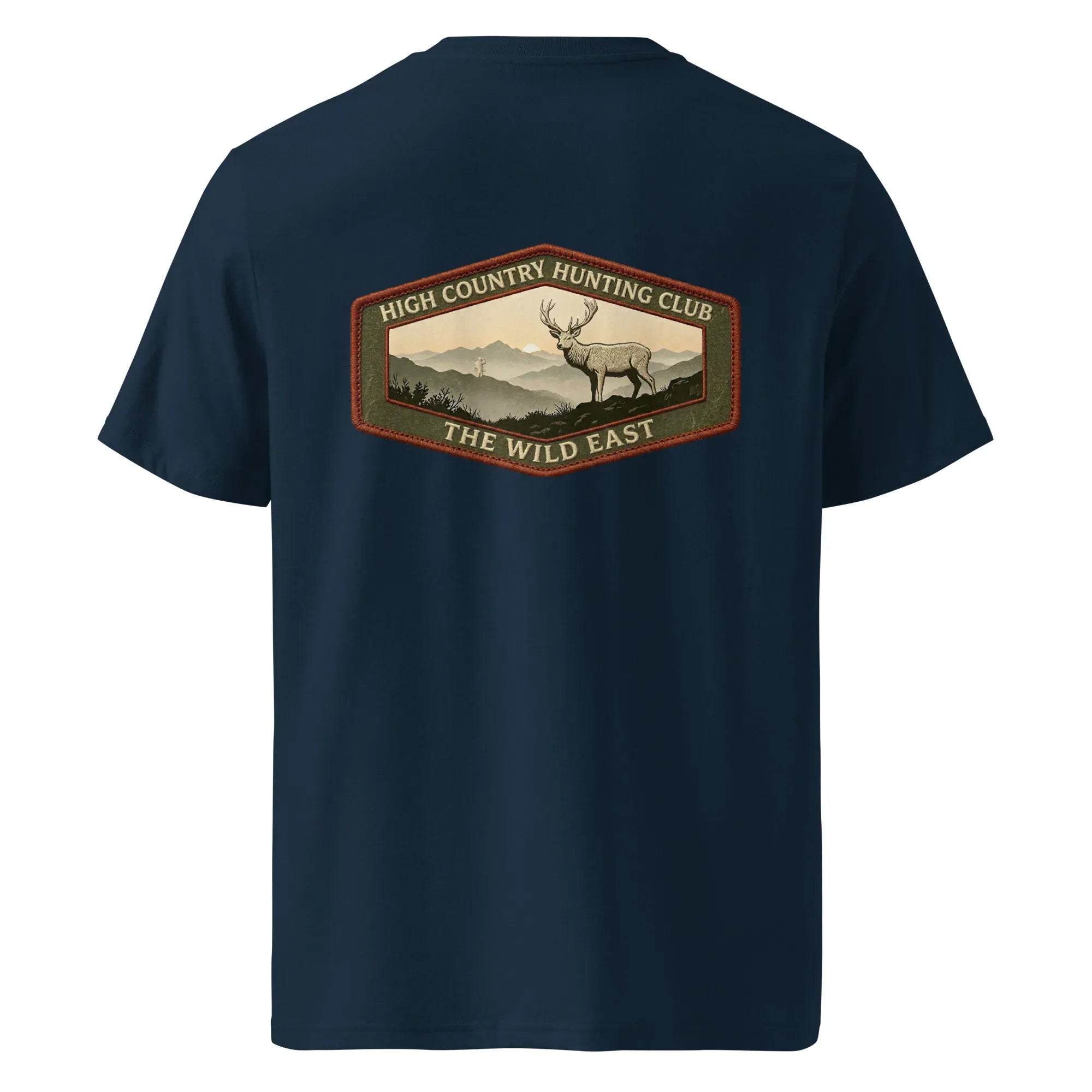 Organic Tee in French navy with back hunting club graphic and deer illustration