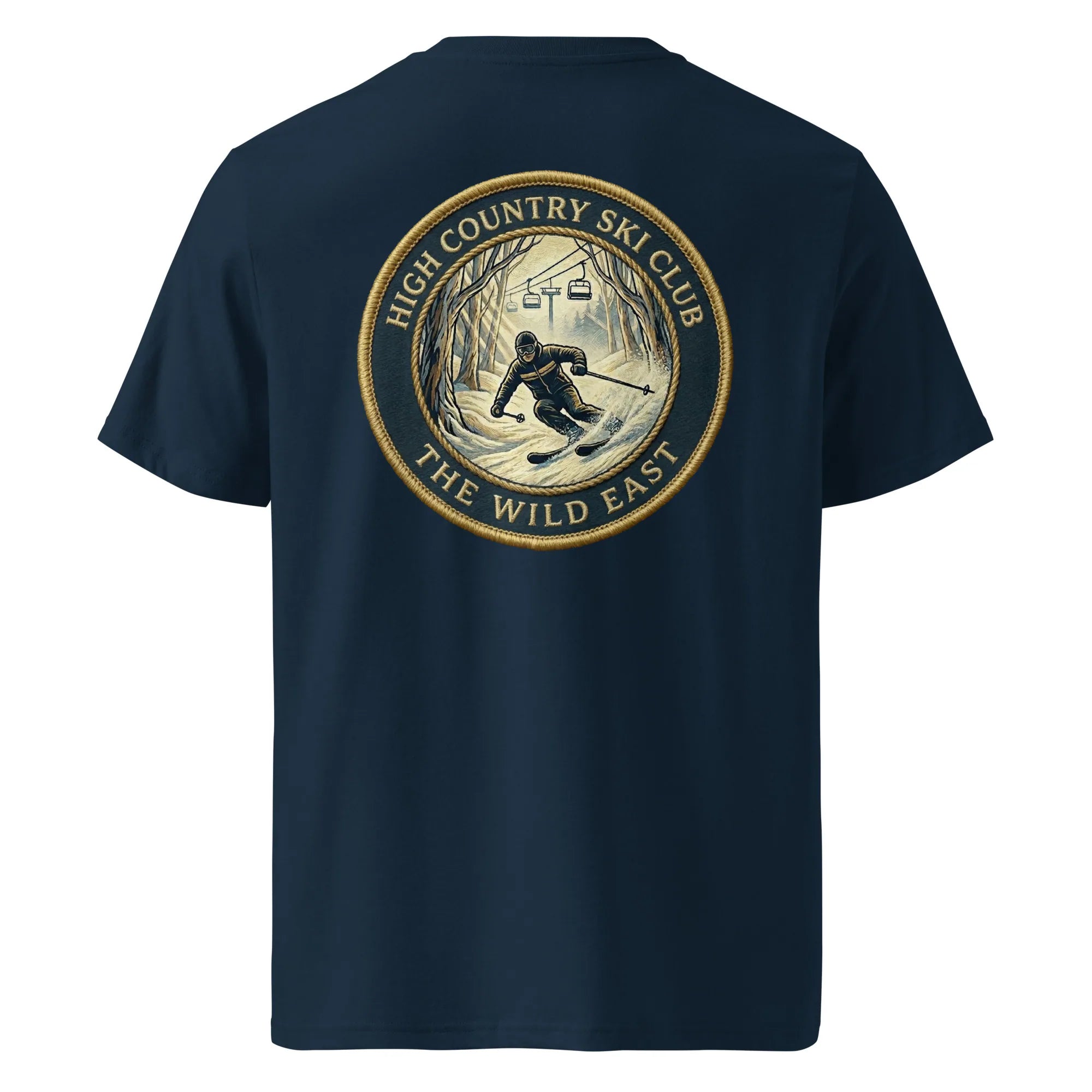 Organic Tee Ski Club, French Navy, rundes Rückenlogo mit Skifahrer und Text