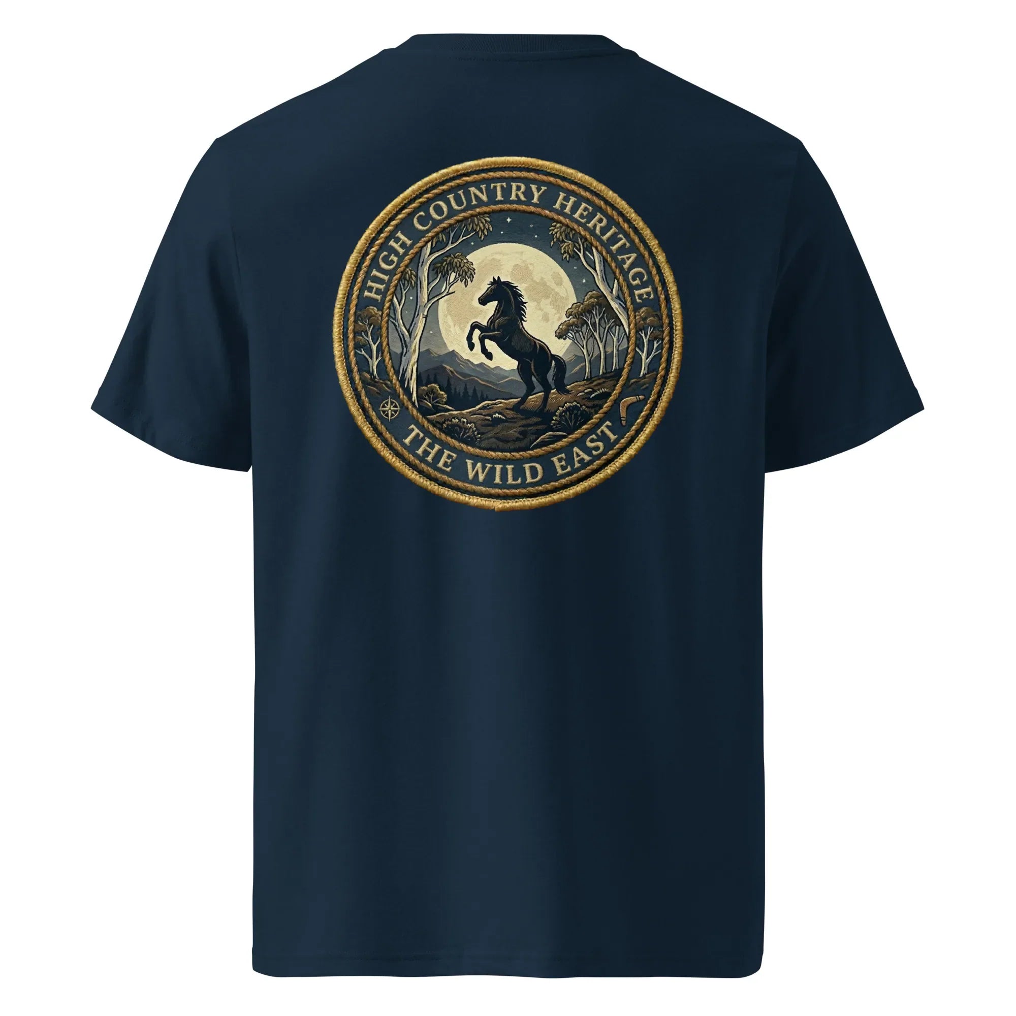 Organic Tee Heritage in French navy, back print with circular horse and tree scene.
