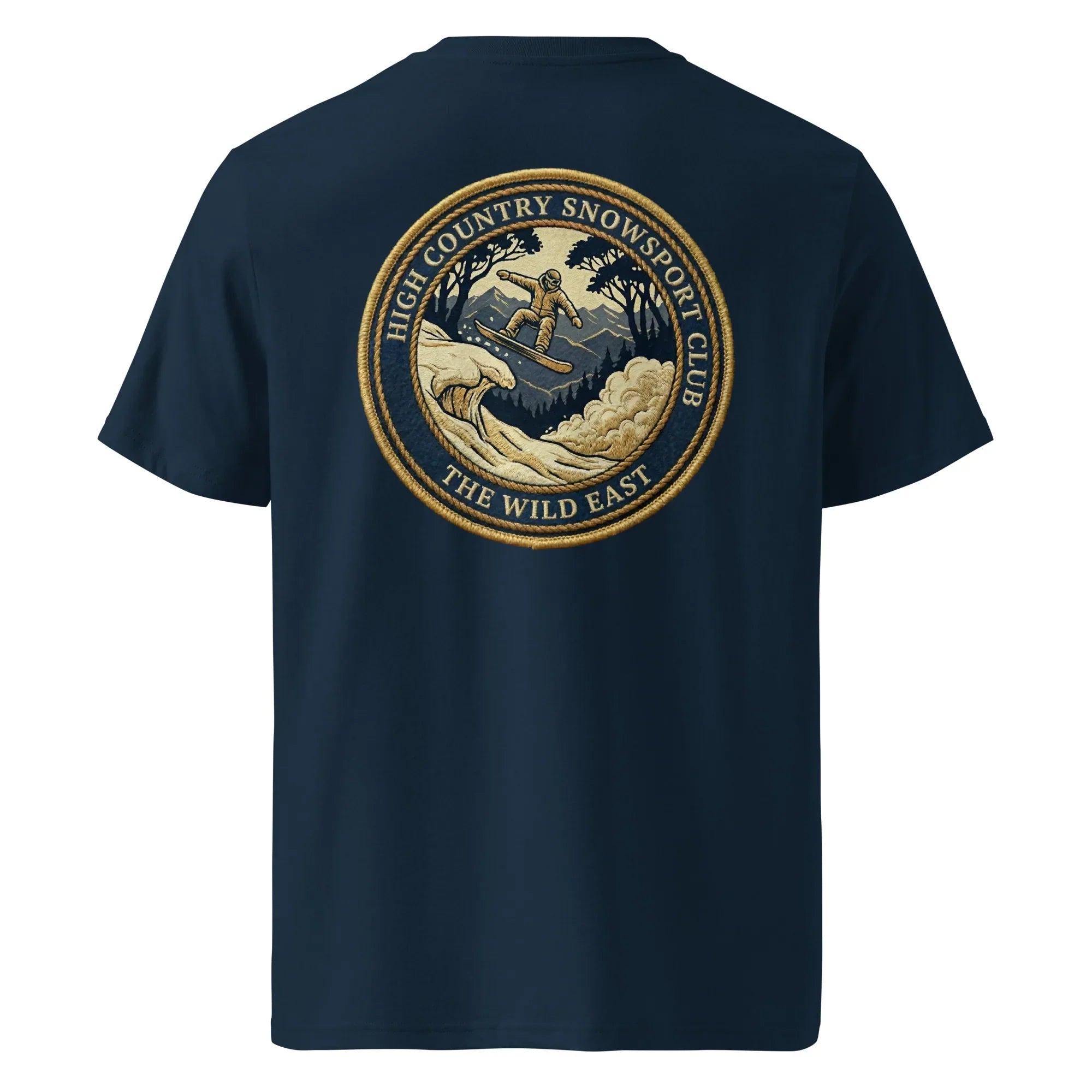 French navy organic tee, back view with large skier badge graphic