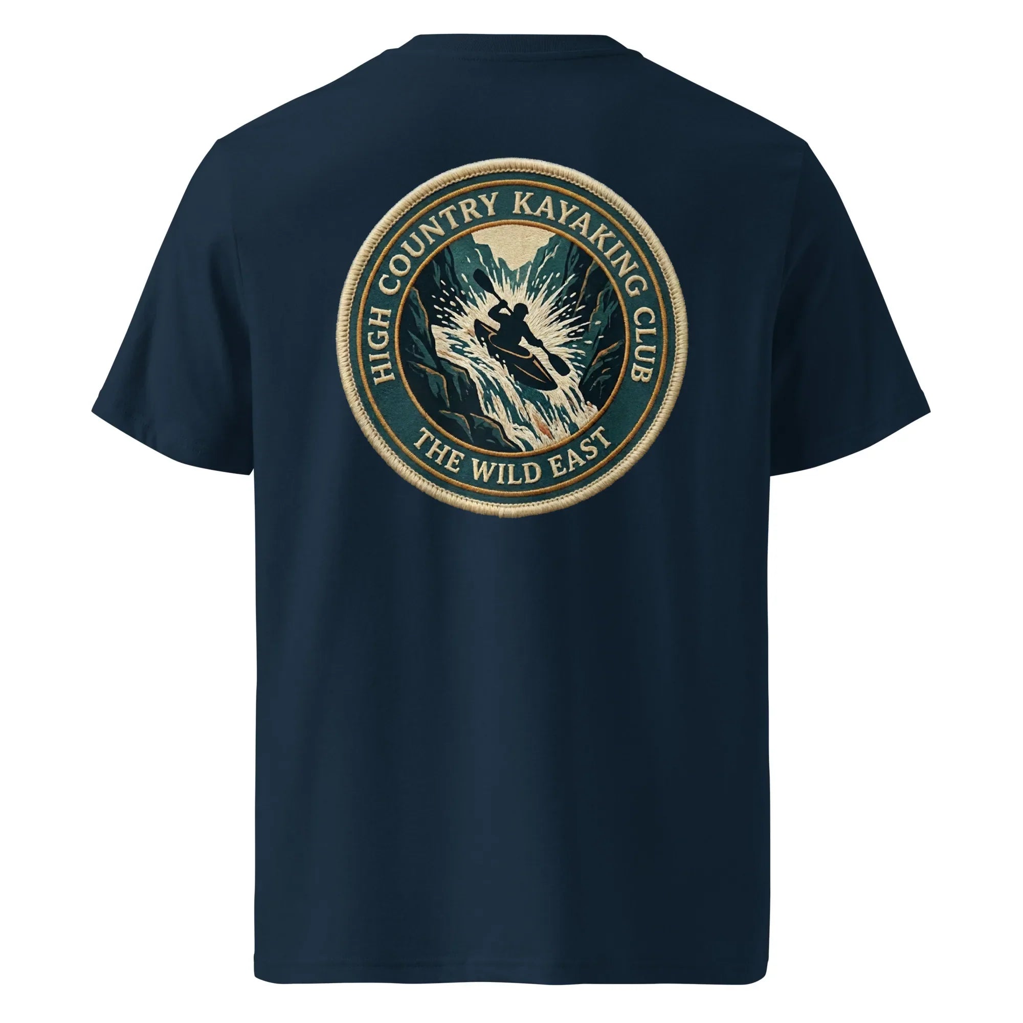 Organic Tee—kayaking club logo on dark navy crew neck T-shirt, back view