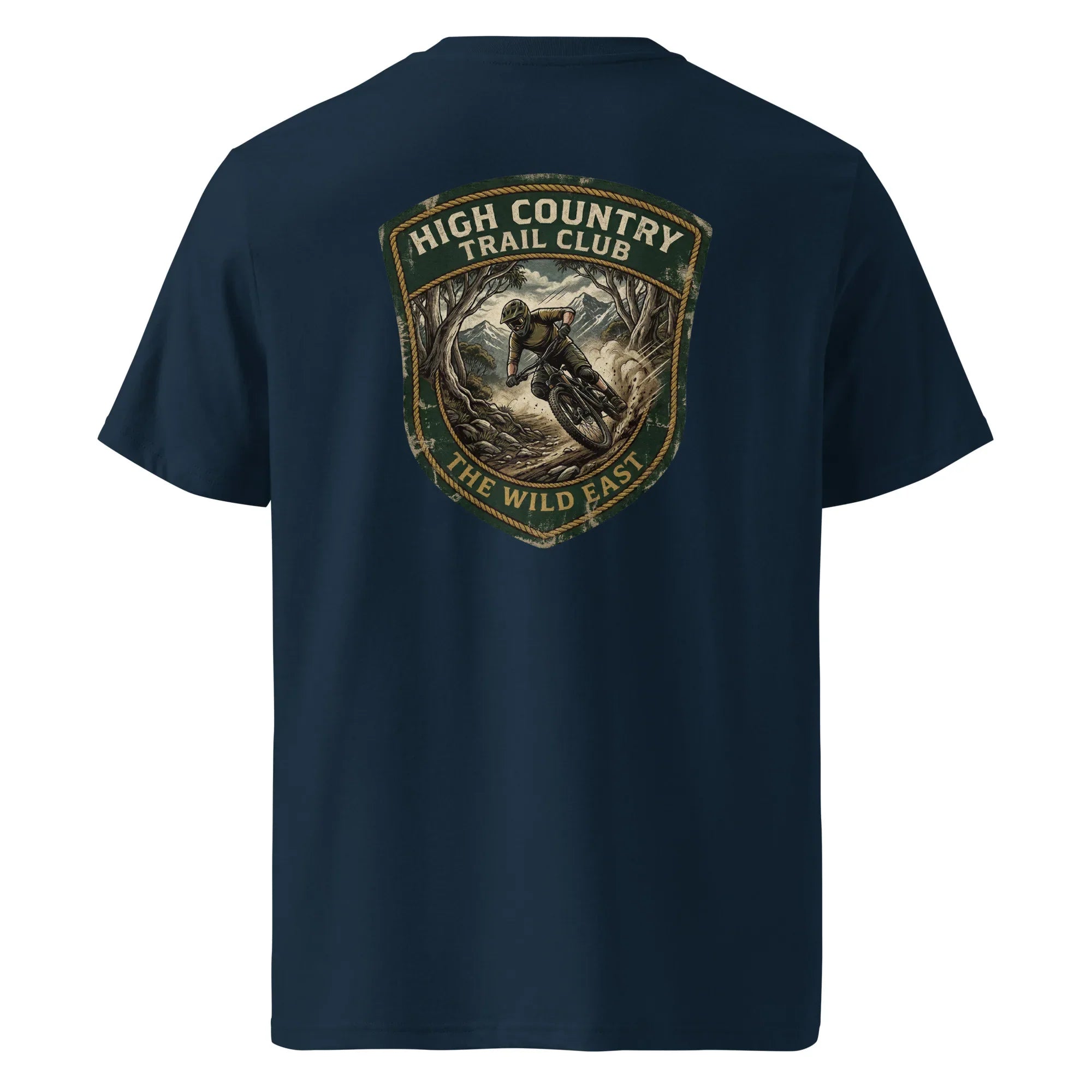 Organic tee with High Country Trail Club back graphic, French navy
