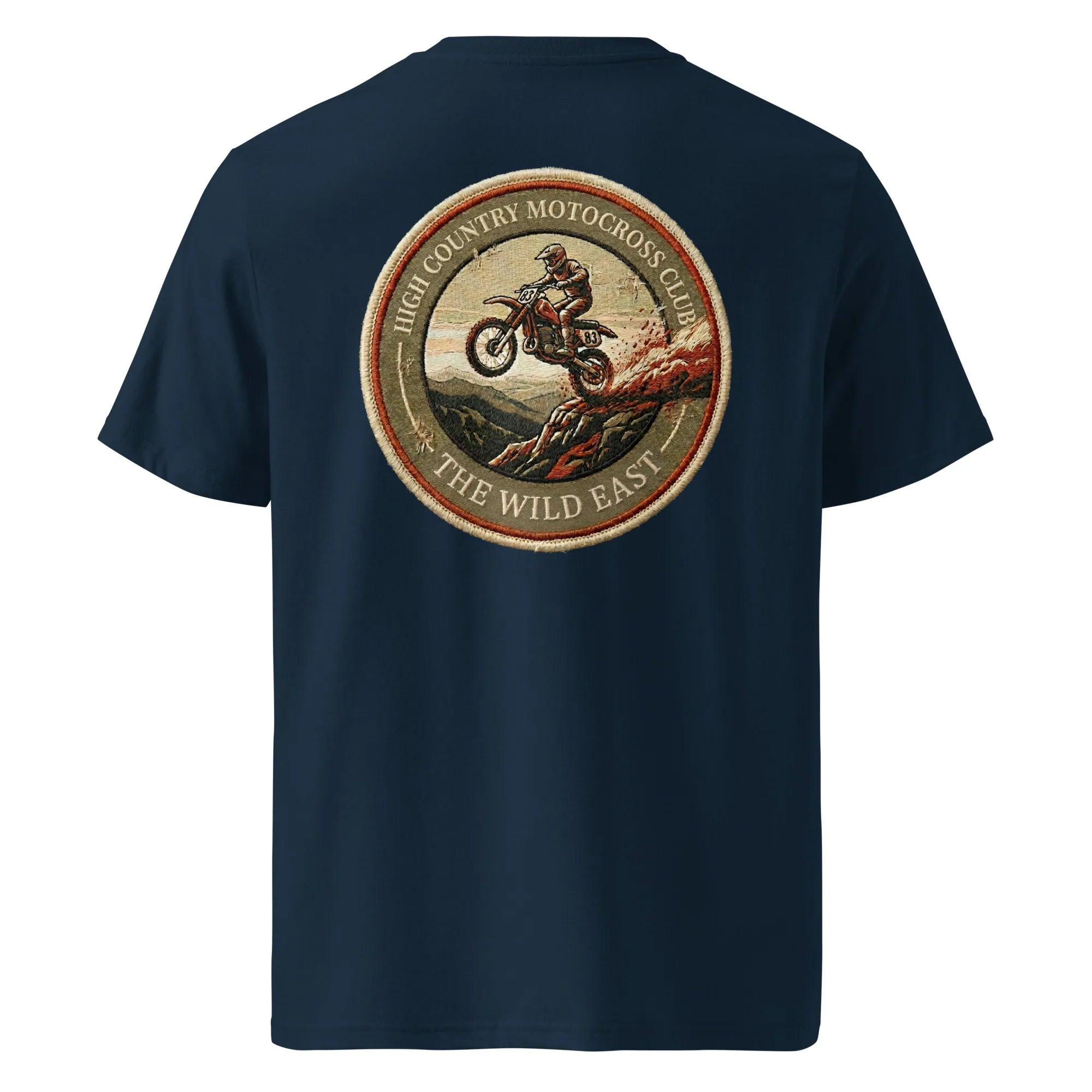 HC Motocross Club Unisex T-Shirt French Navy mit rundem Rückenlogo und Motorradmotiv