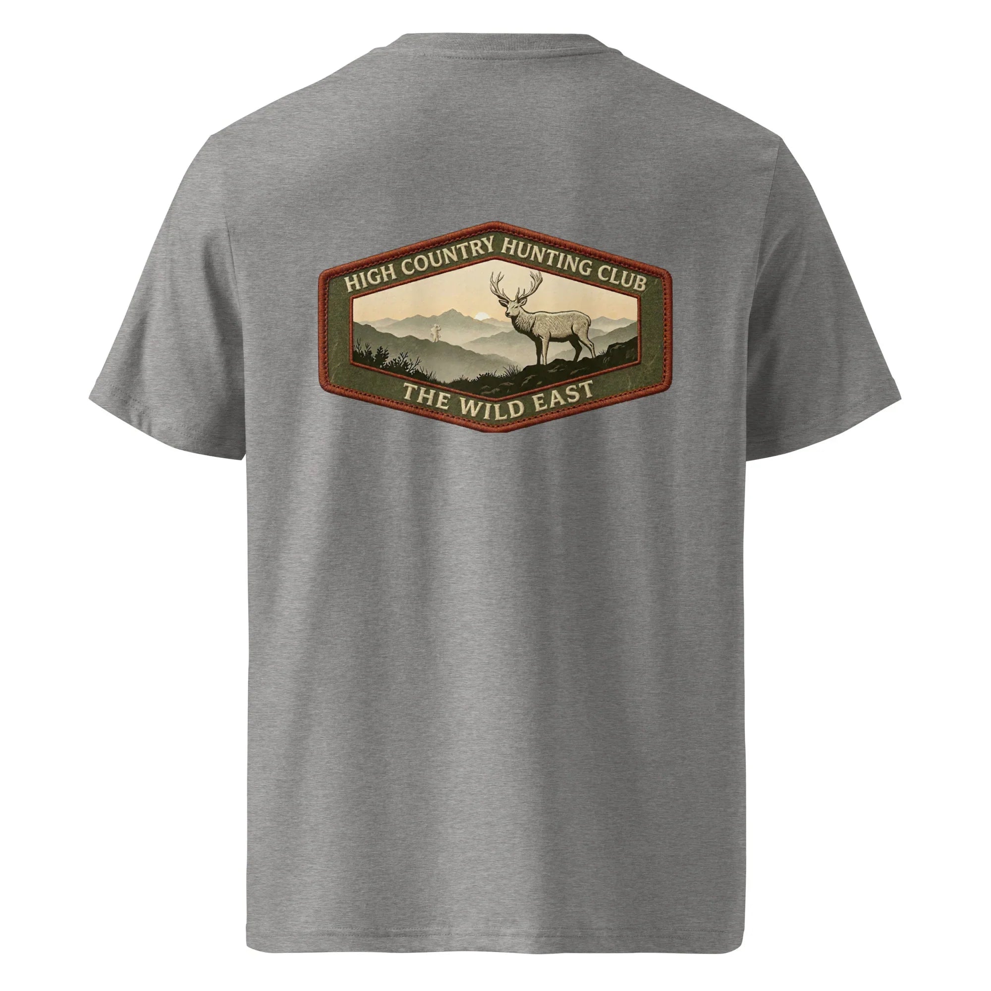 Organic Tee in heather grey with back hunting club graphic and deer illustration