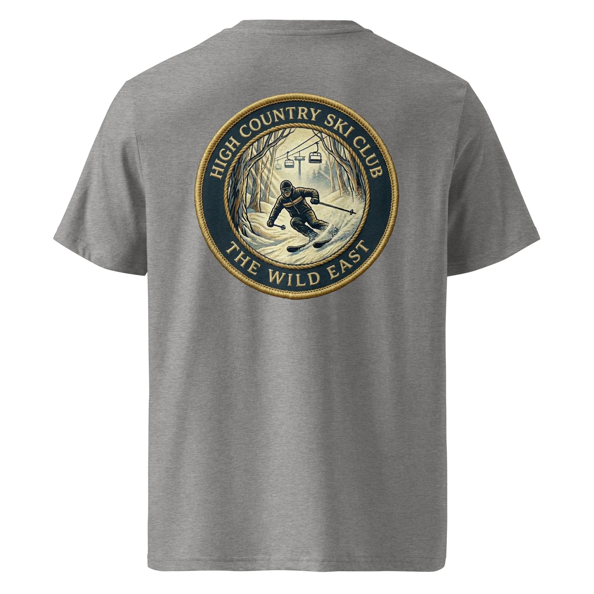 Dark heather grey organic T-shirt with Ski Club round back graphic