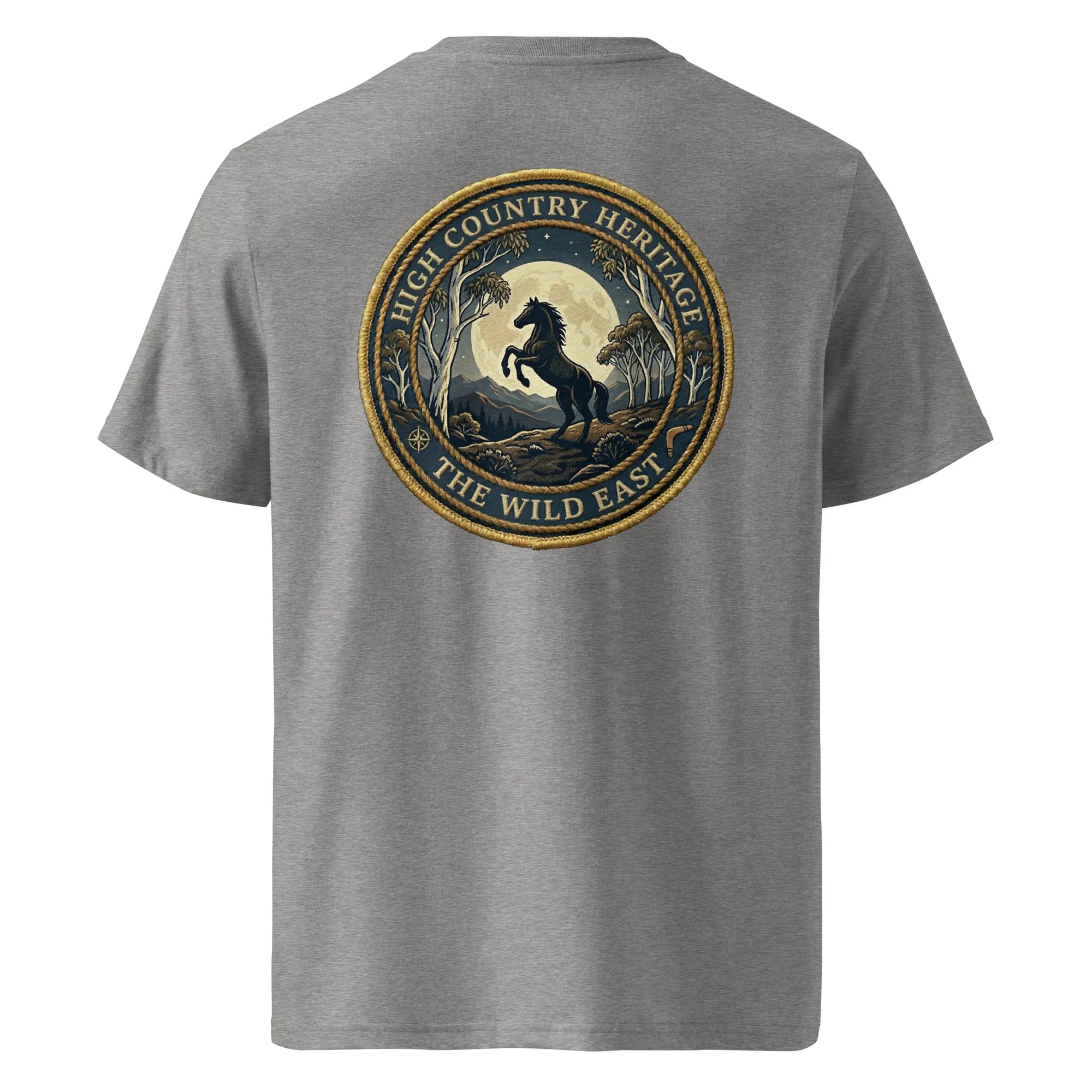 Organic Tee Heritage in heather grey, back view with circular horse heritage print.