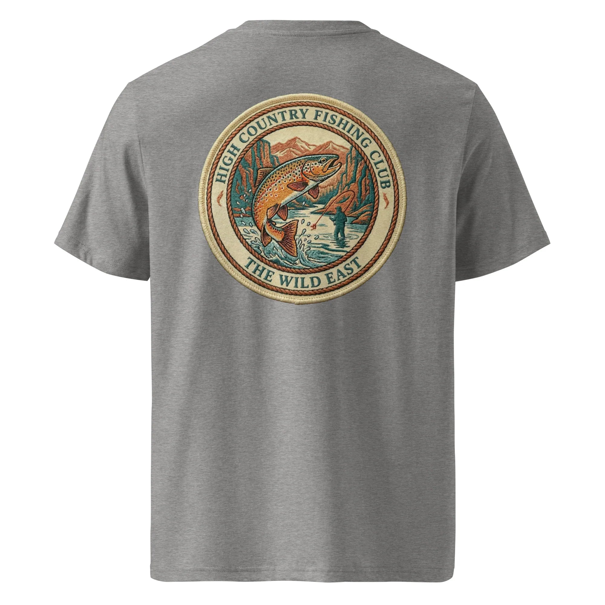Organic Tee in Dark Heather Grey with back circular fishing club logo and fish