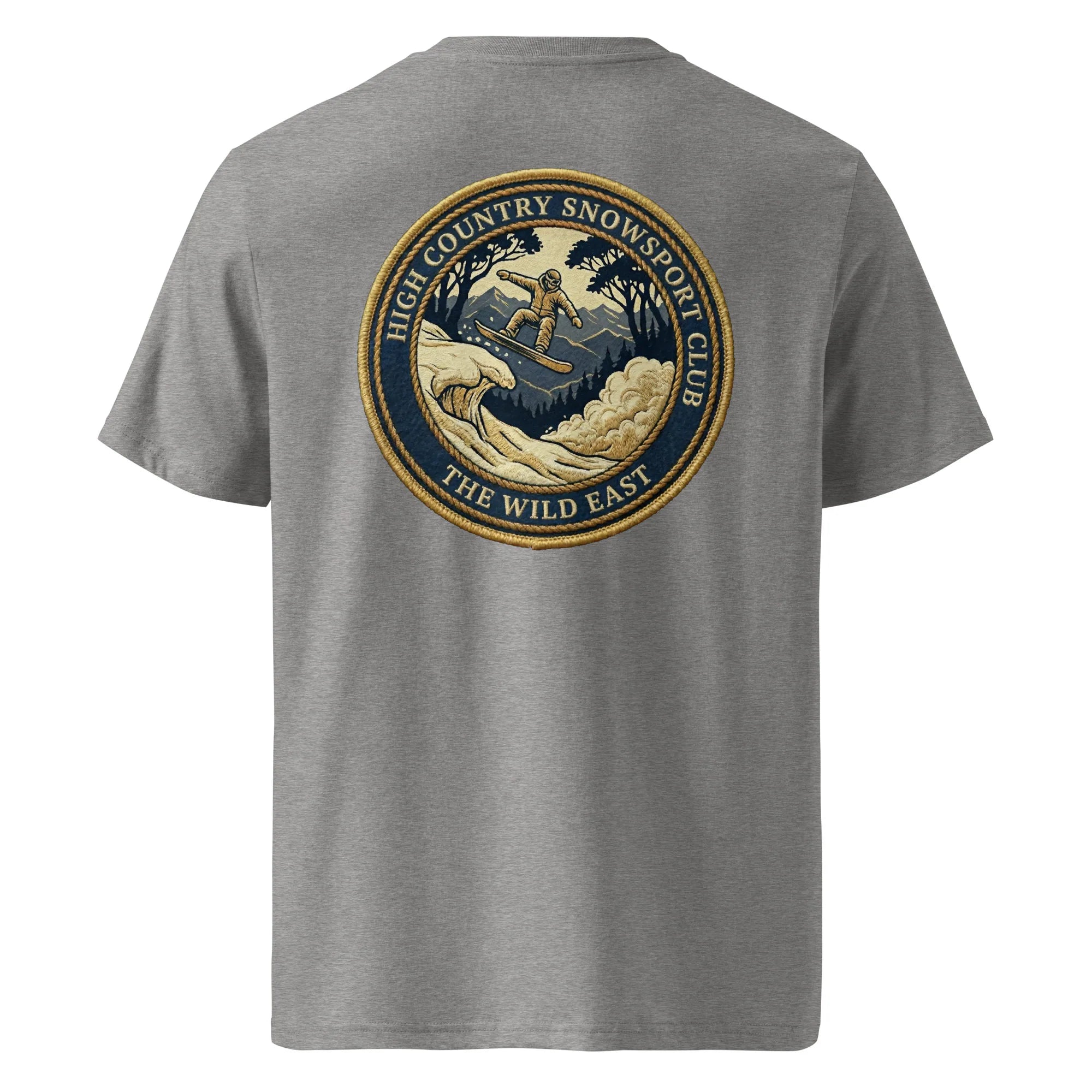 Heather grey organic tee, back view with large skier badge graphic
