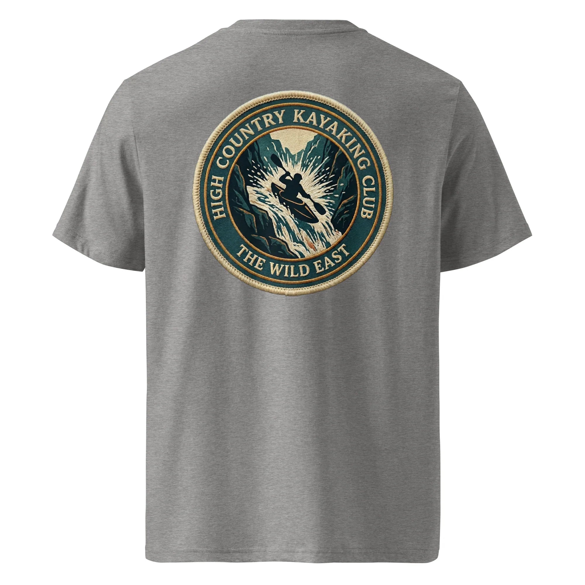 Dark Heather Grey organic tee, back print logo patch for Kayaking Club